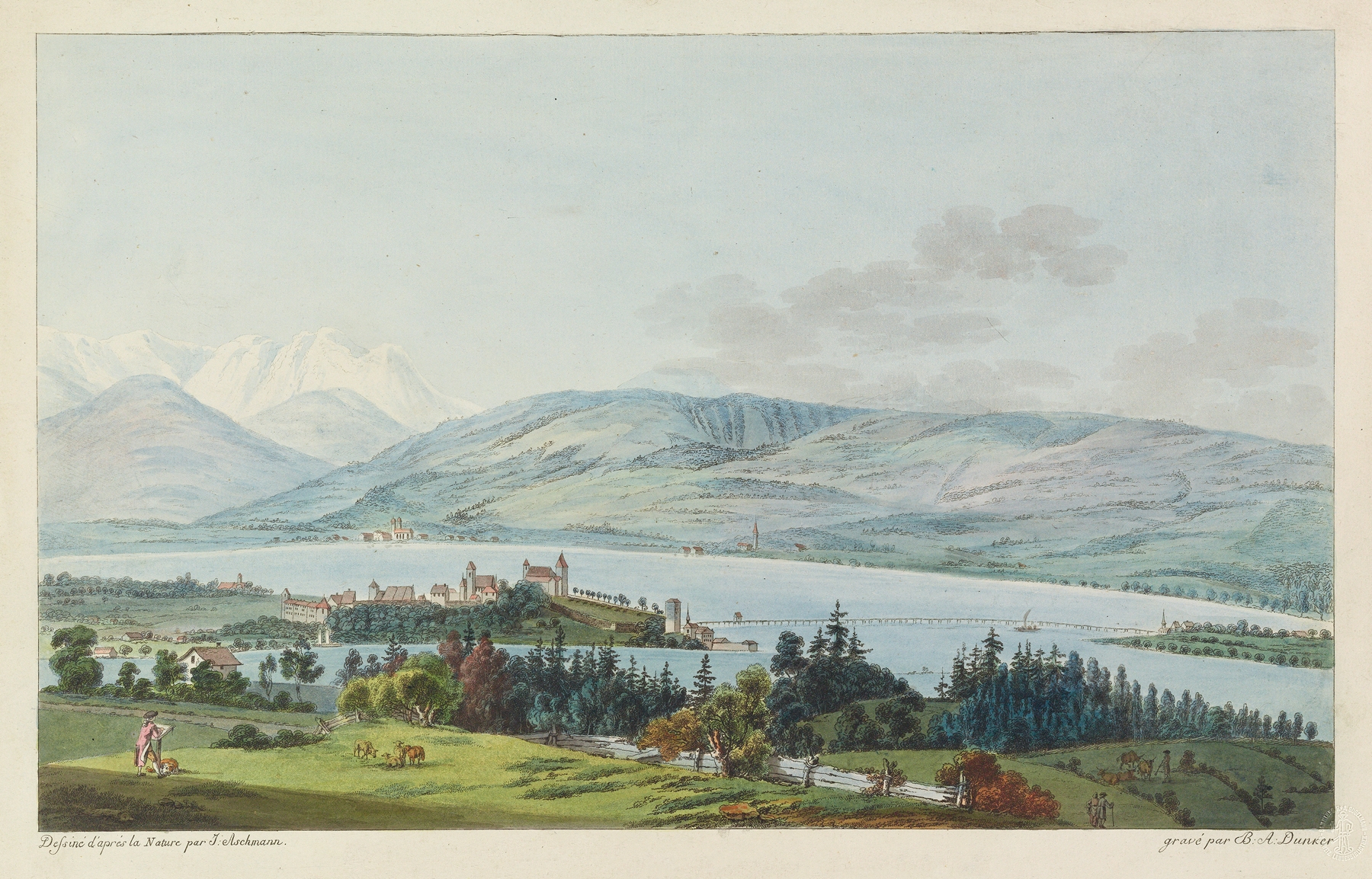 Landscape view of Lake Zurich by Johann Jakob Aschmann, medium unknown.