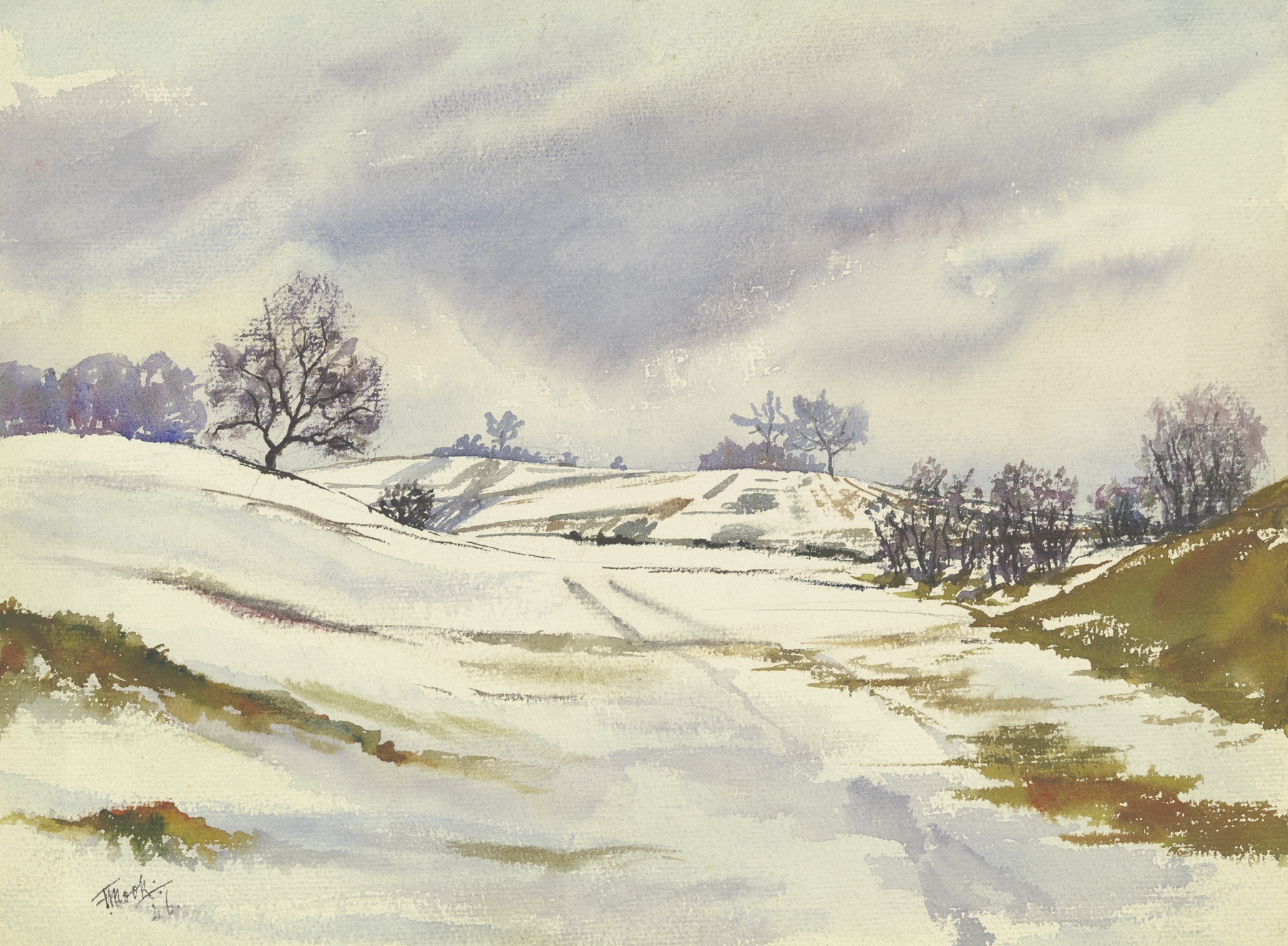 Wintery landscape by Friedrich Mook, depicting a serene snowy scene.