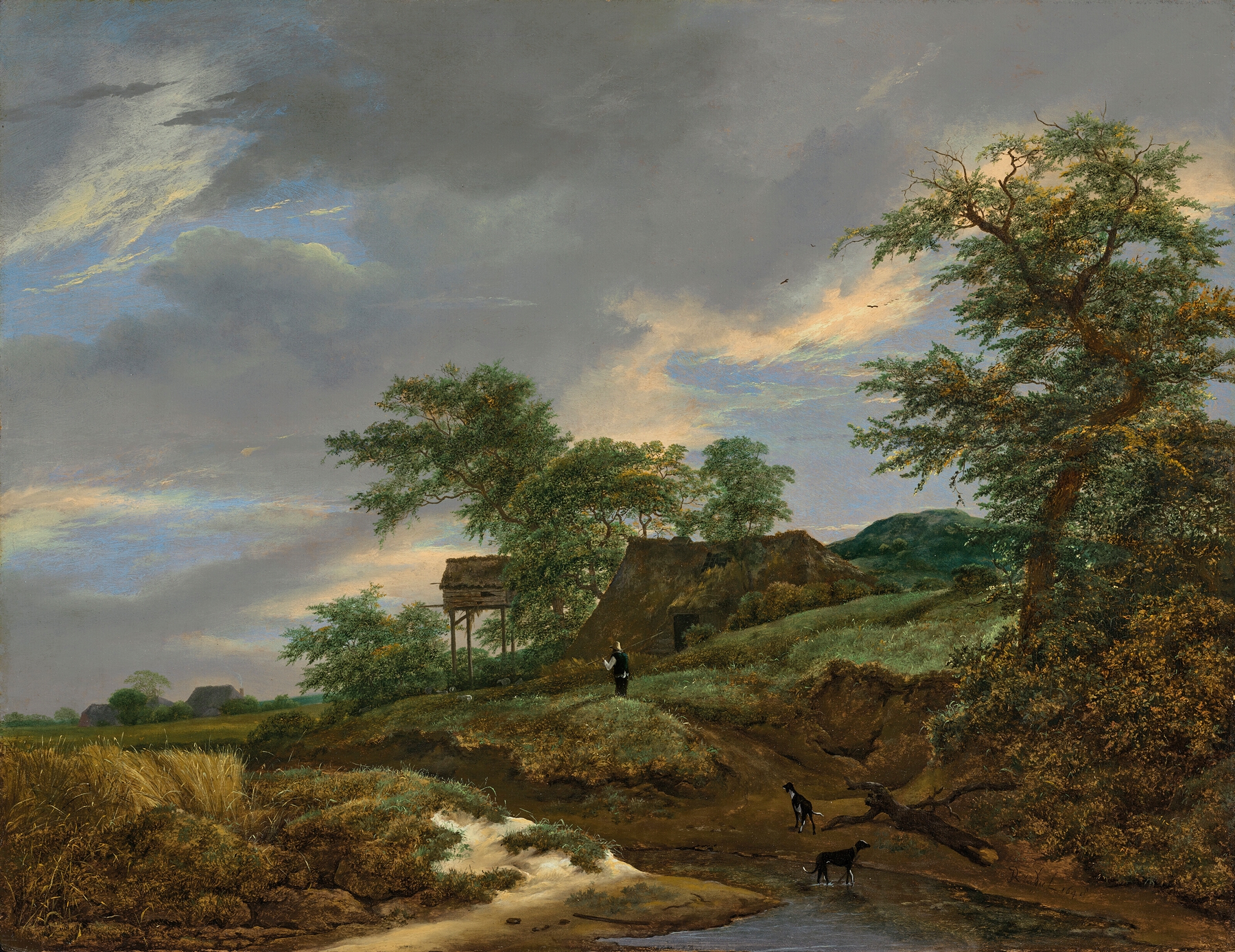 A wooded landscape with a man and two dogs on a path, oil painting by Jacob van Ruisdael
