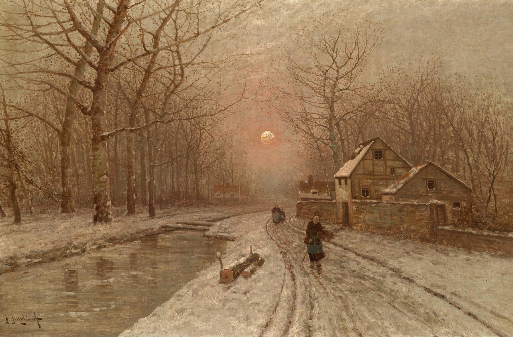 Twilight landscape with cottages and cobblestones by Johann Jungblut, oil painting