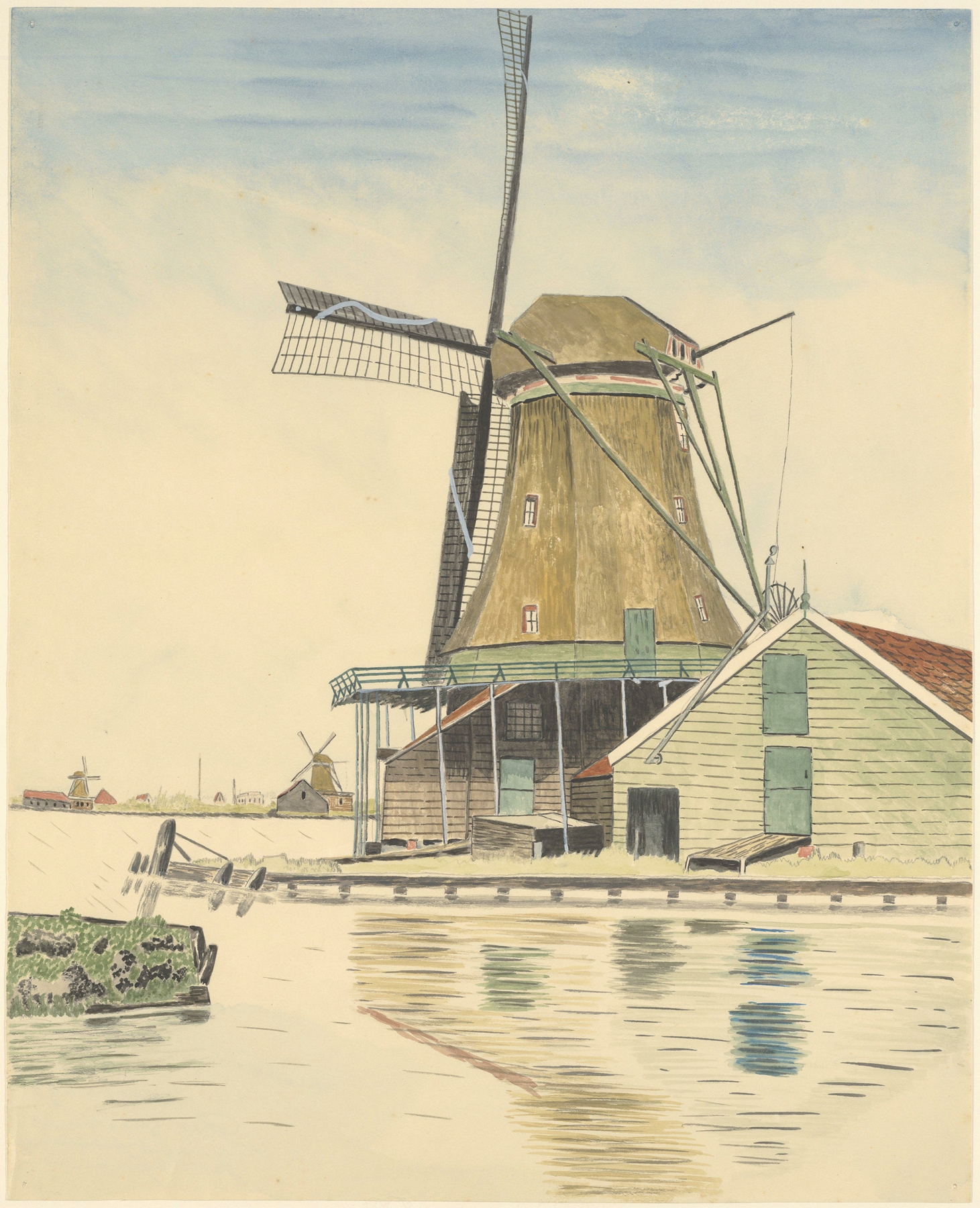 Landscape with windmill and water, oil on canvas by Johannes Nicolaas Eijman