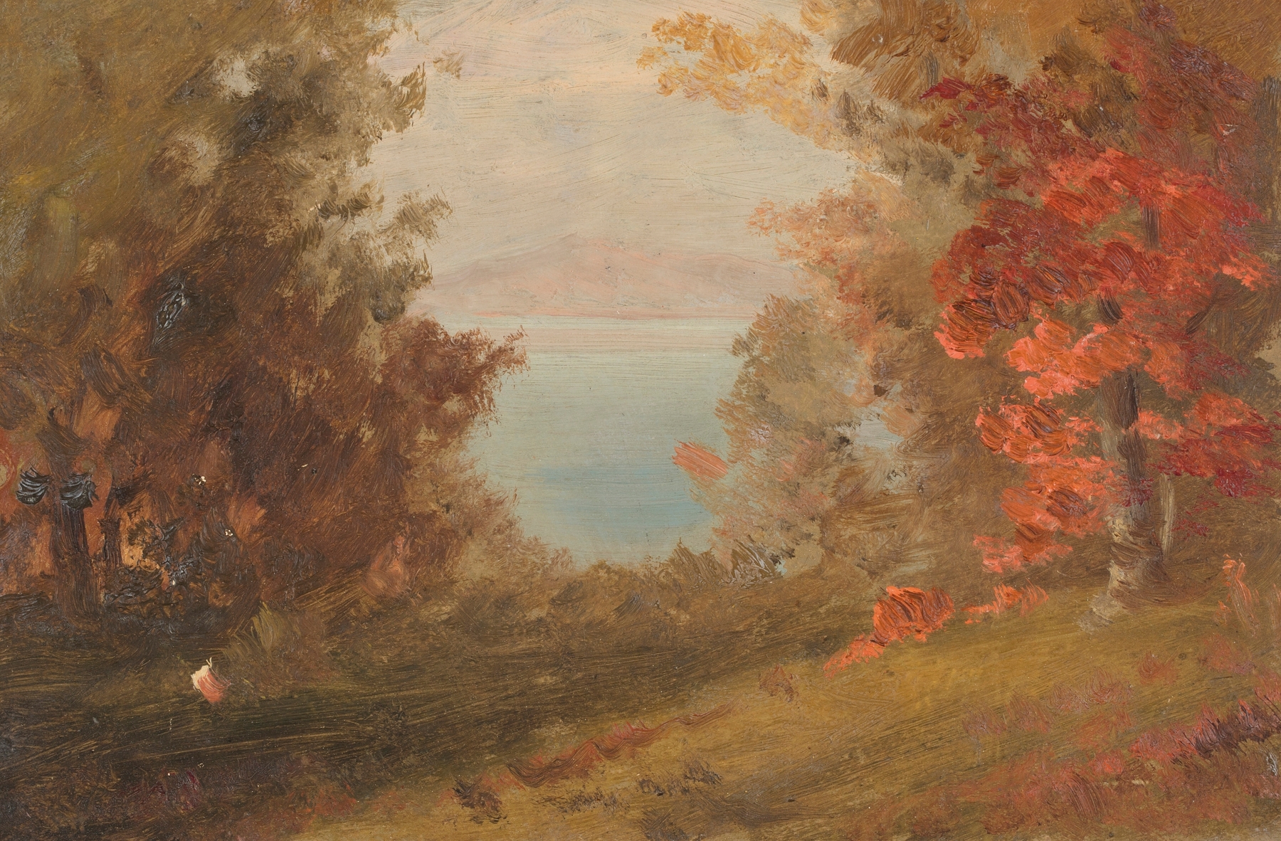 Woodland scene in autumn by Frederic Edwin Church, oil on canvas depicting a vibrant forest with golden light.