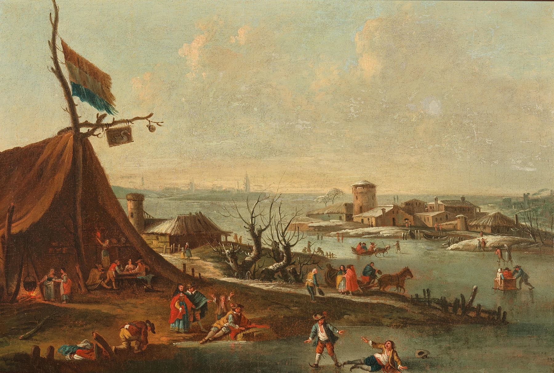 A winter harbour scene with ice-skaters, oil on canvas by Pieter Bout