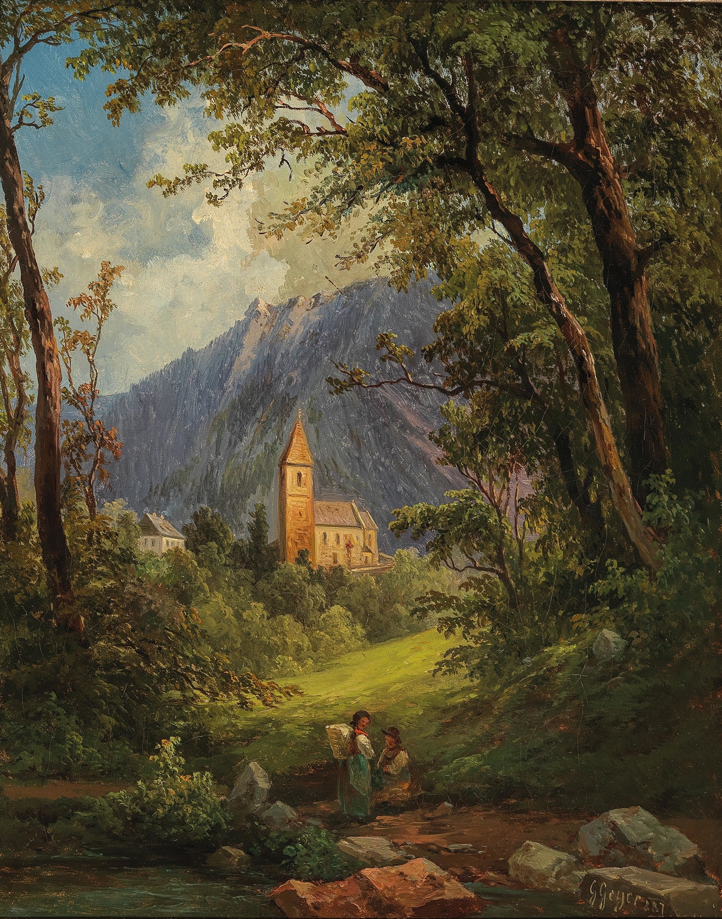 A Small Church in the Mountains by Georg Geyer, oil on canvas, depicting a church in a mountainous landscape