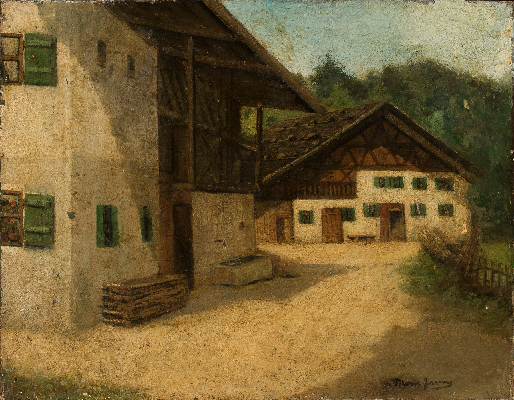 Fragment of village buildings by Marie Ibsen Jensen, Impressionism, depicting village architecture and sunlight.