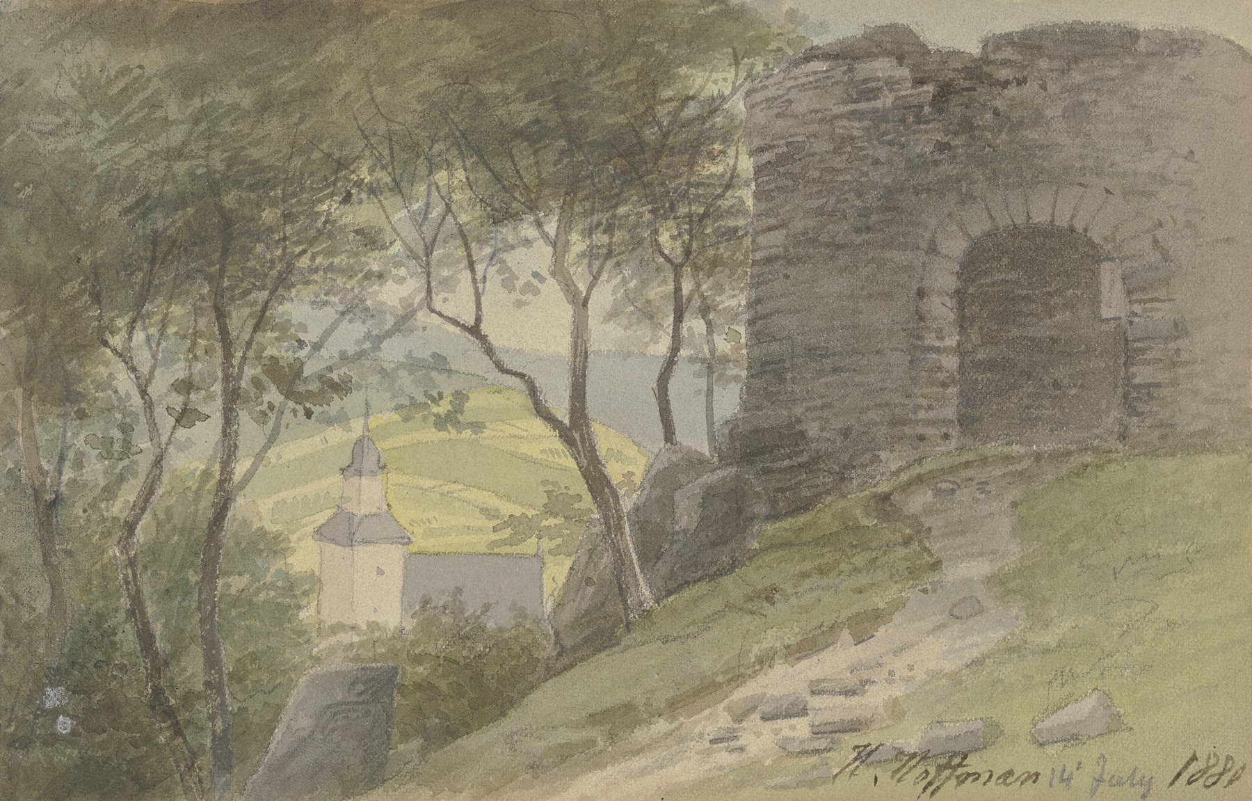 Oil painting by Heinrich Adolf Valentin Hoffmann depicting ruins and a church in a valley.