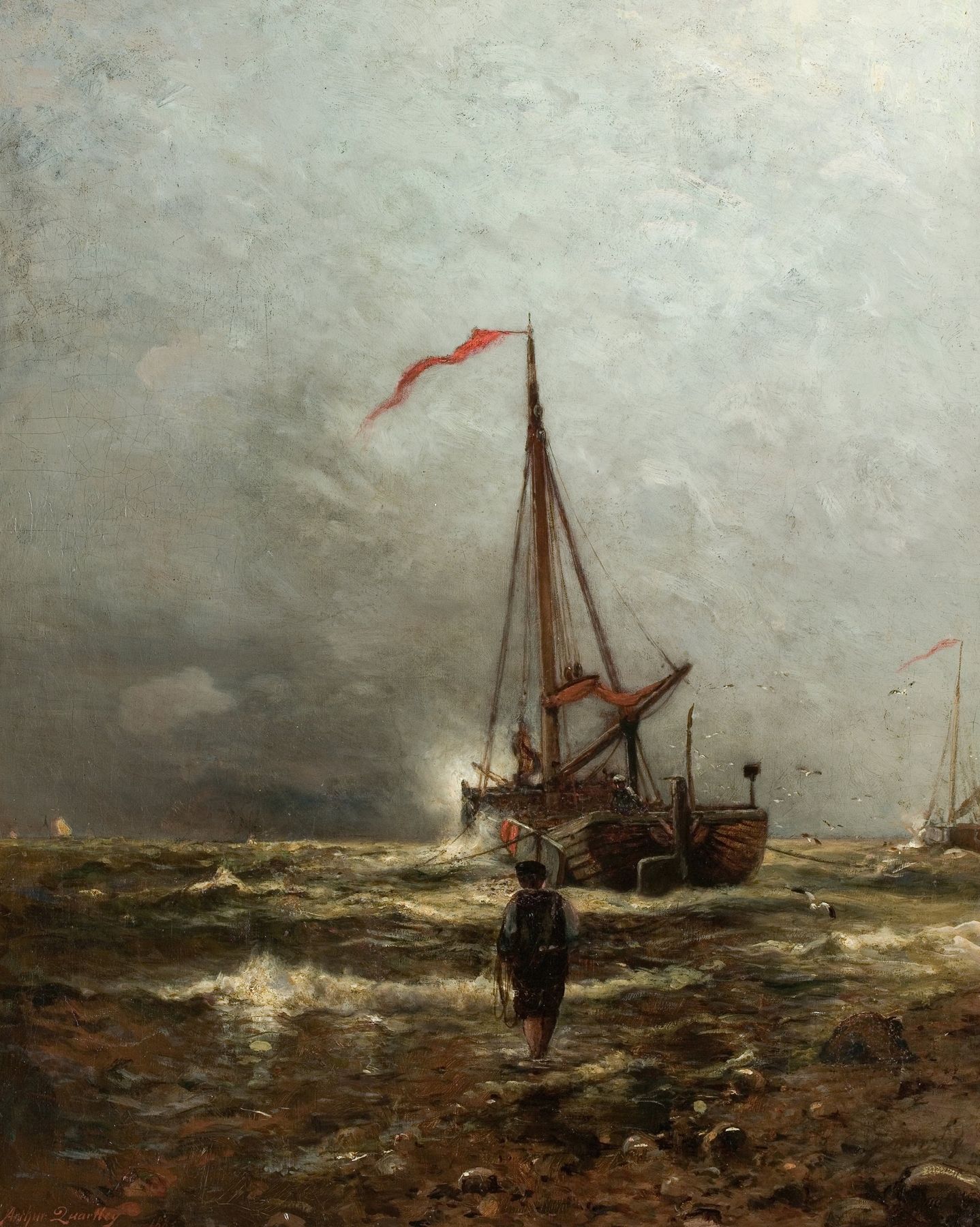 Coast of Holland by Arthur Quartley, oil painting depicting a serene marine landscape