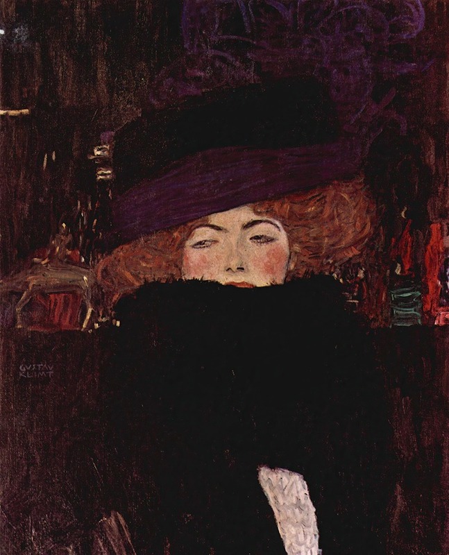 A woman wearing a hat and feather boa, painted by Gustav Klimt.