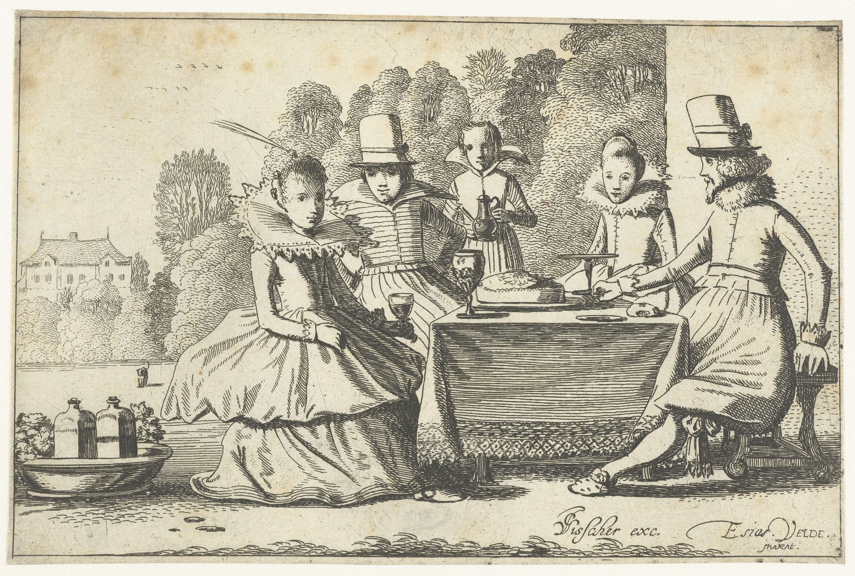 Gezelschap gebruikt een maaltijd aan een tafel in een tuin, etching by Jan van de Velde II