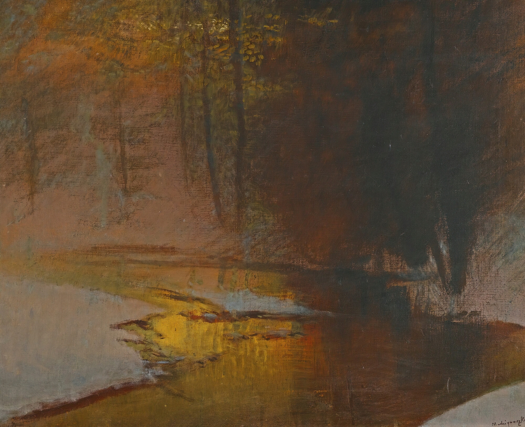 Snowy River At Sunset by Ladislav Mednyánszky, oil painting depicting a vibrant sunset over a river.