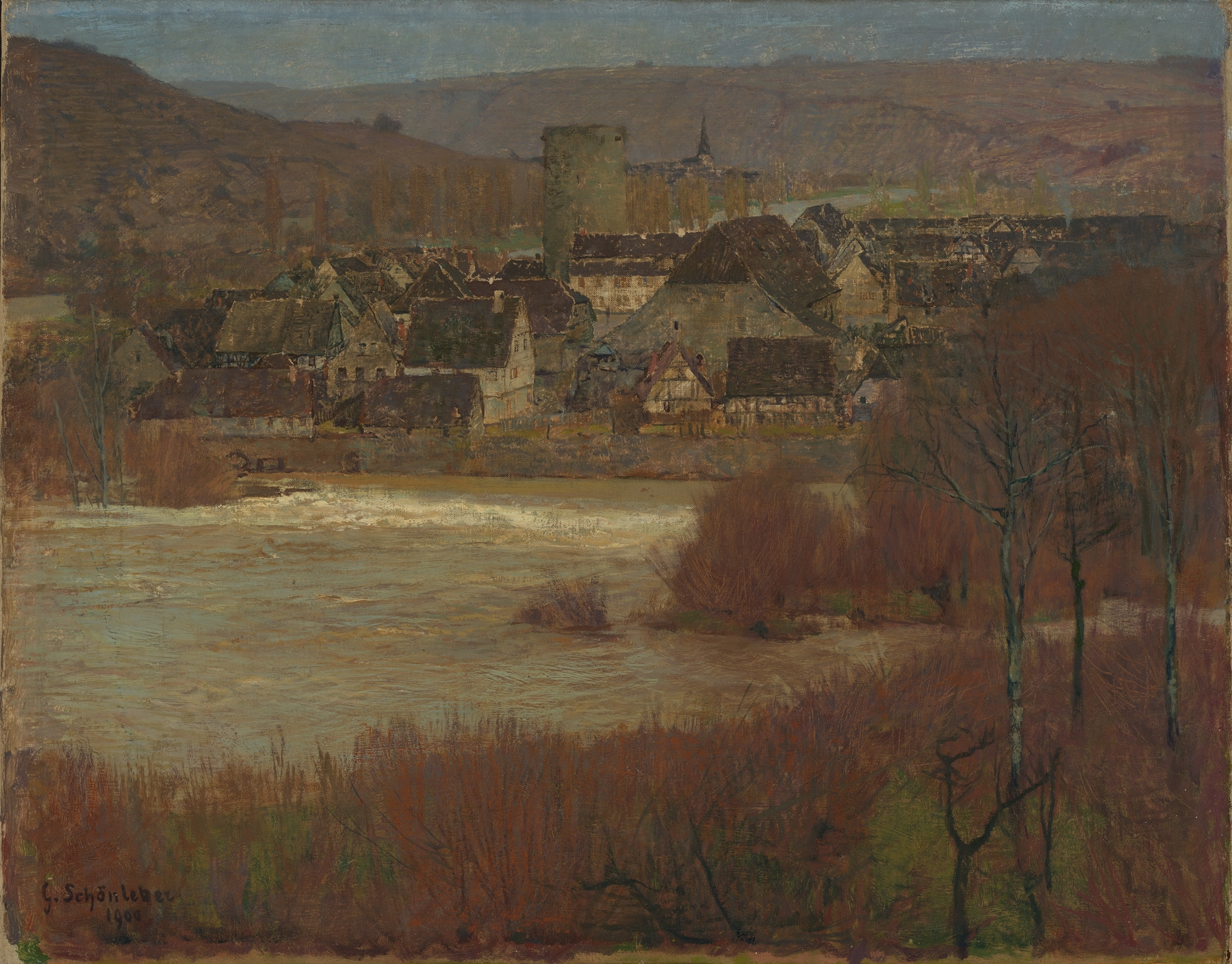 Landscape depicting sunlight filtering through leaves, oil painting by Gustav Schönleber