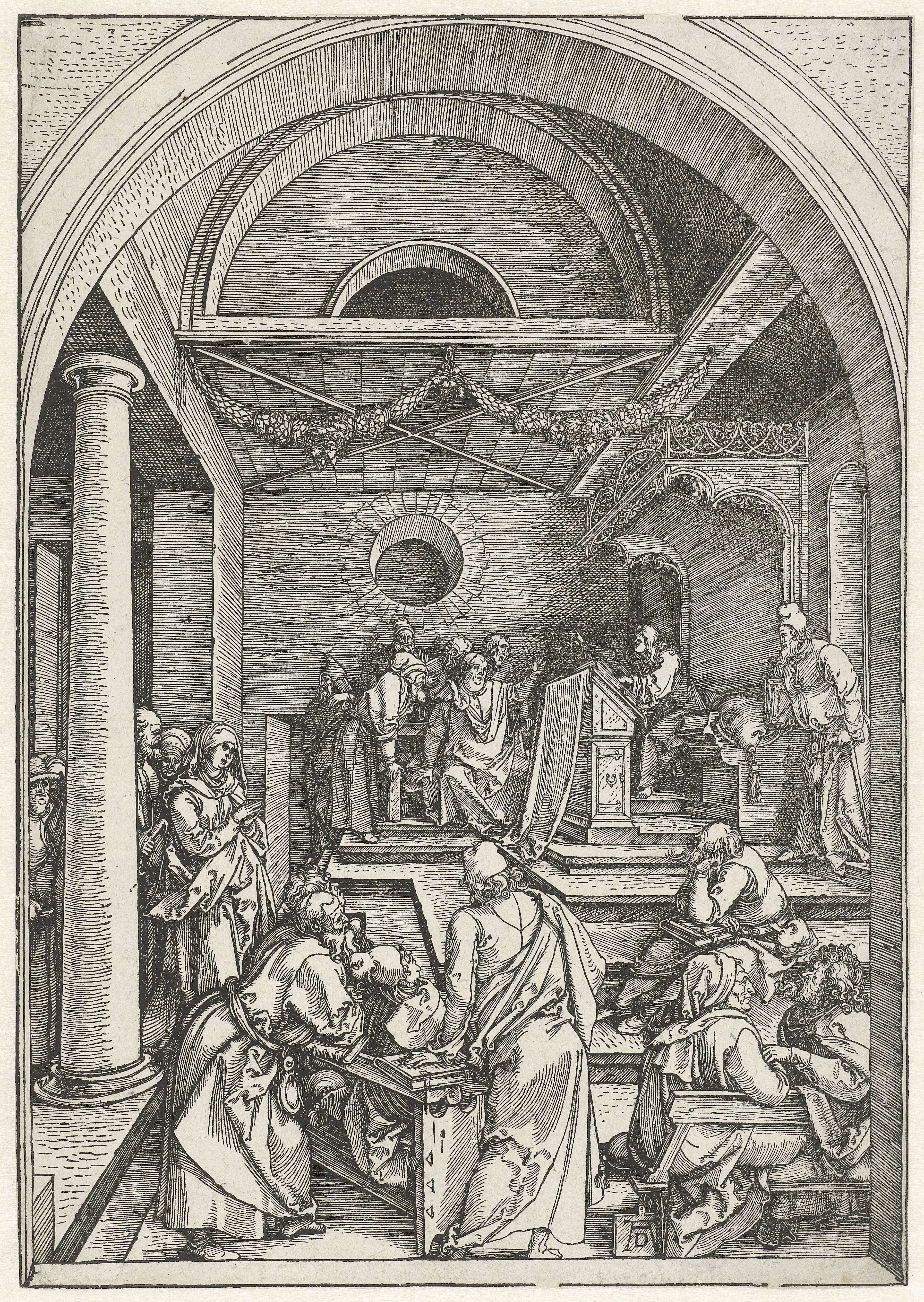 De twaalfjarige Christus in de tempel by Albrecht Dürer, paper medium, depicts young Christ in a temple.