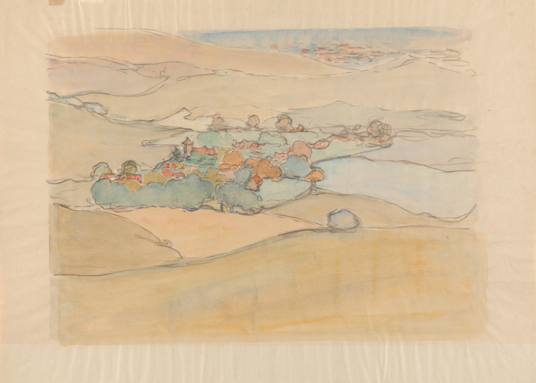 A Village in the Sussex Downs, oil on canvas by Robert Polhill Bevan, depicting a village among rolling hills.
