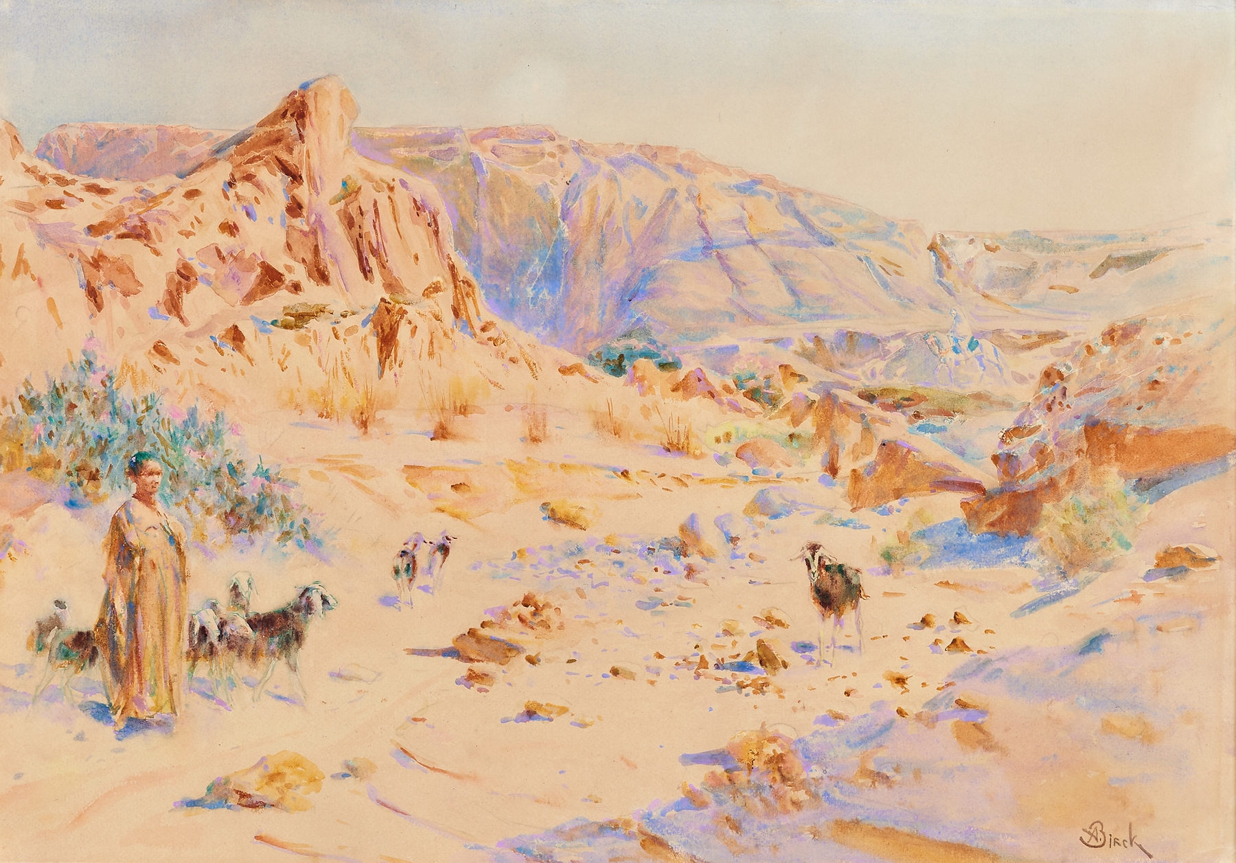 Landscape featuring a shepherd on rugged terrain by Alphonse Birck