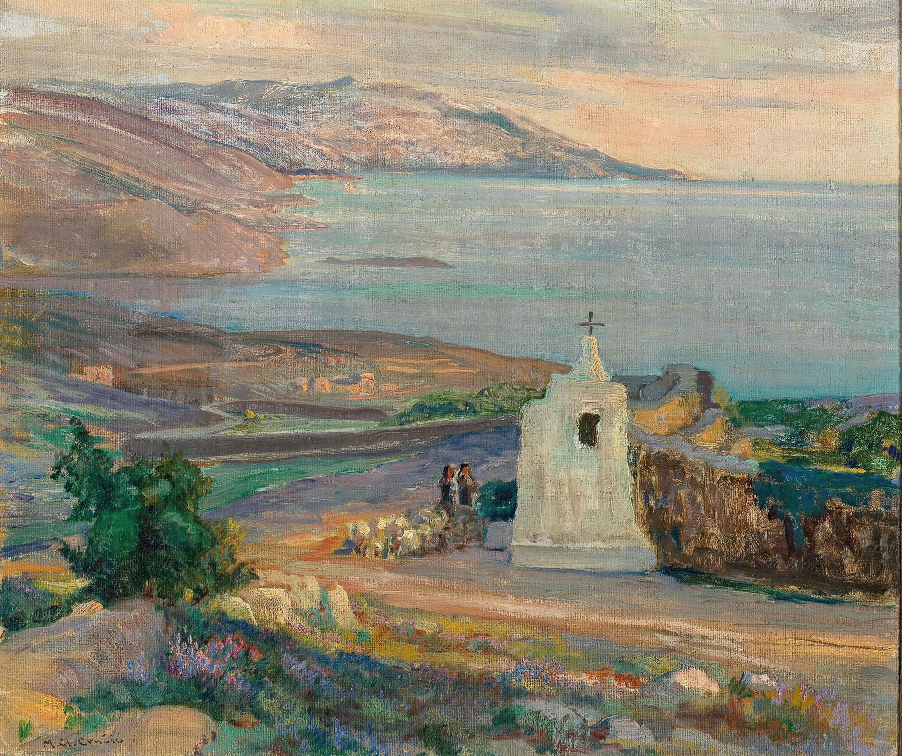 Coastal landscape with a chapel, oil on canvas by Menci Clement Crnčić