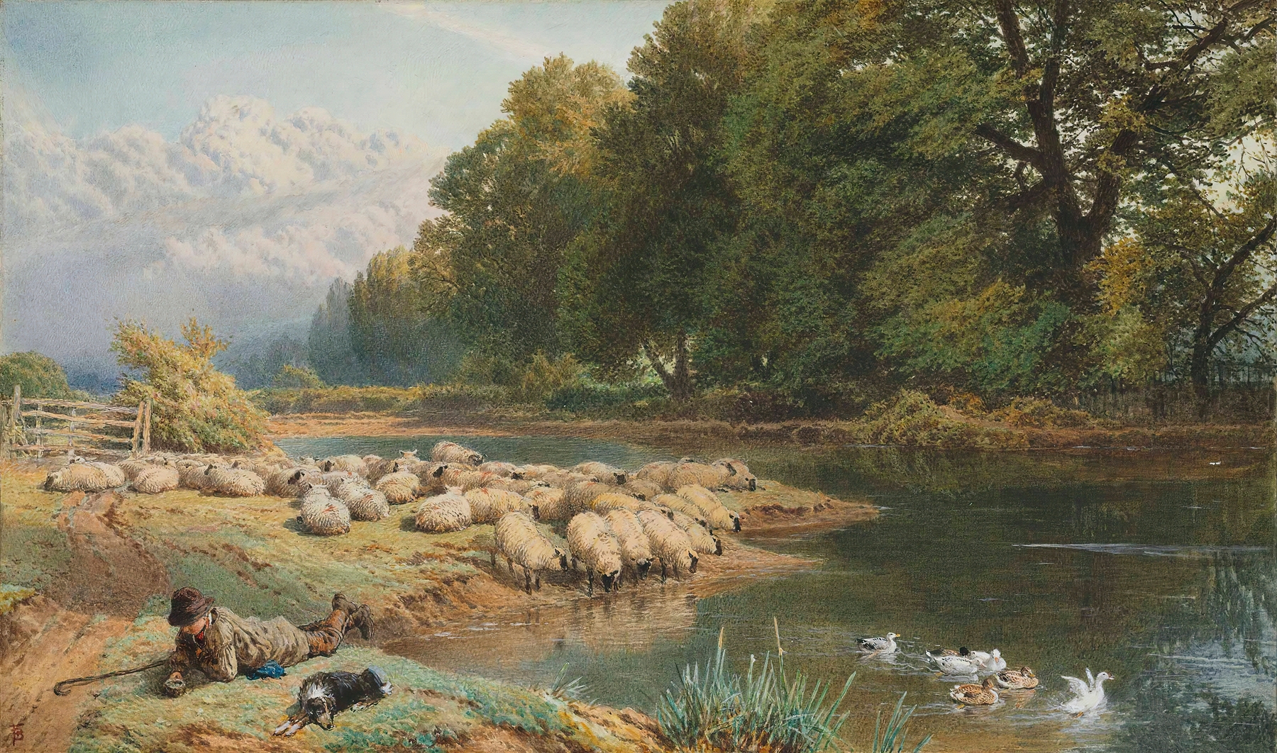 Landscape featuring a shepherd under a vast sky by Myles Birket Foster, Victorian style