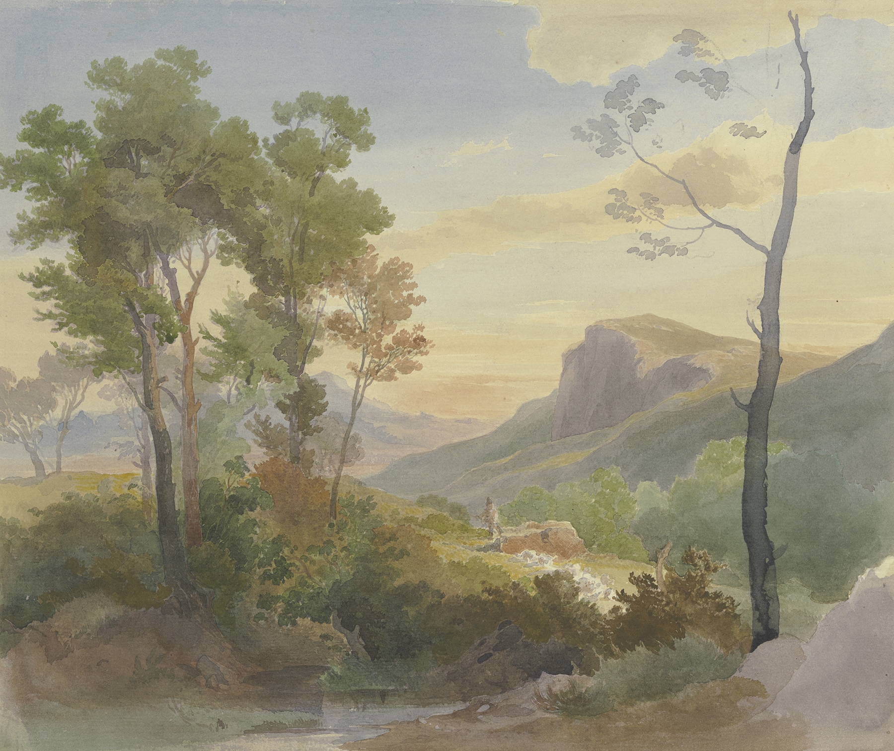 Romanticism oil painting by Carl Hummel depicting a tranquil mountain landscape.