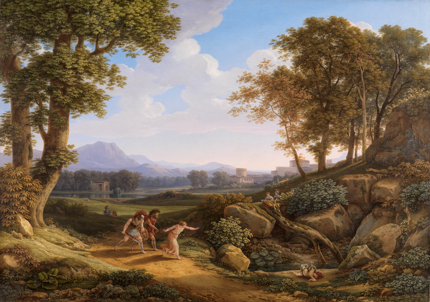 Landscape with twisted trees and golden light, oil painting by Johann Christian Reinhart