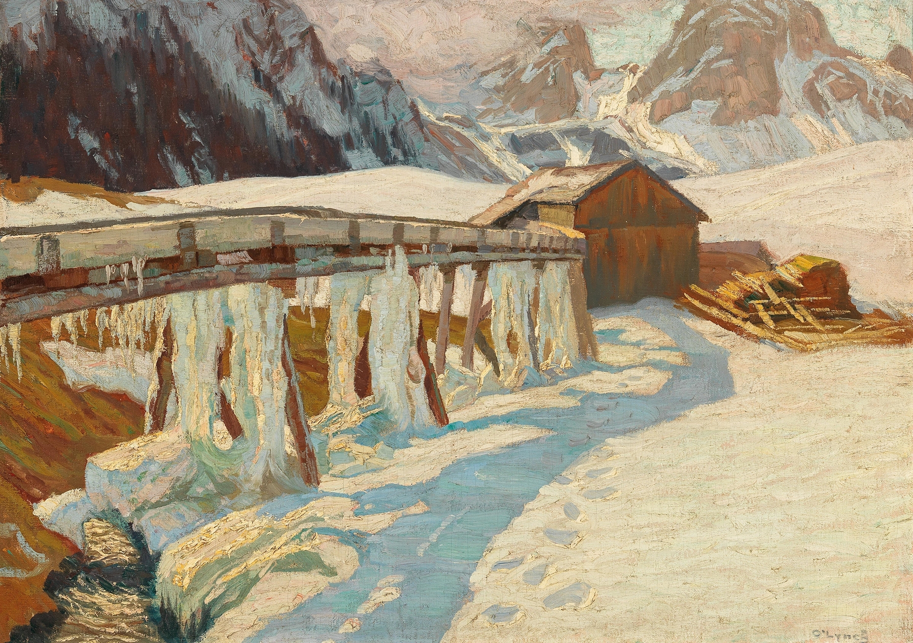 Winterlandschaft mit Mühle by Carl O'Lynch, oil painting of a mill in a snowy landscape.