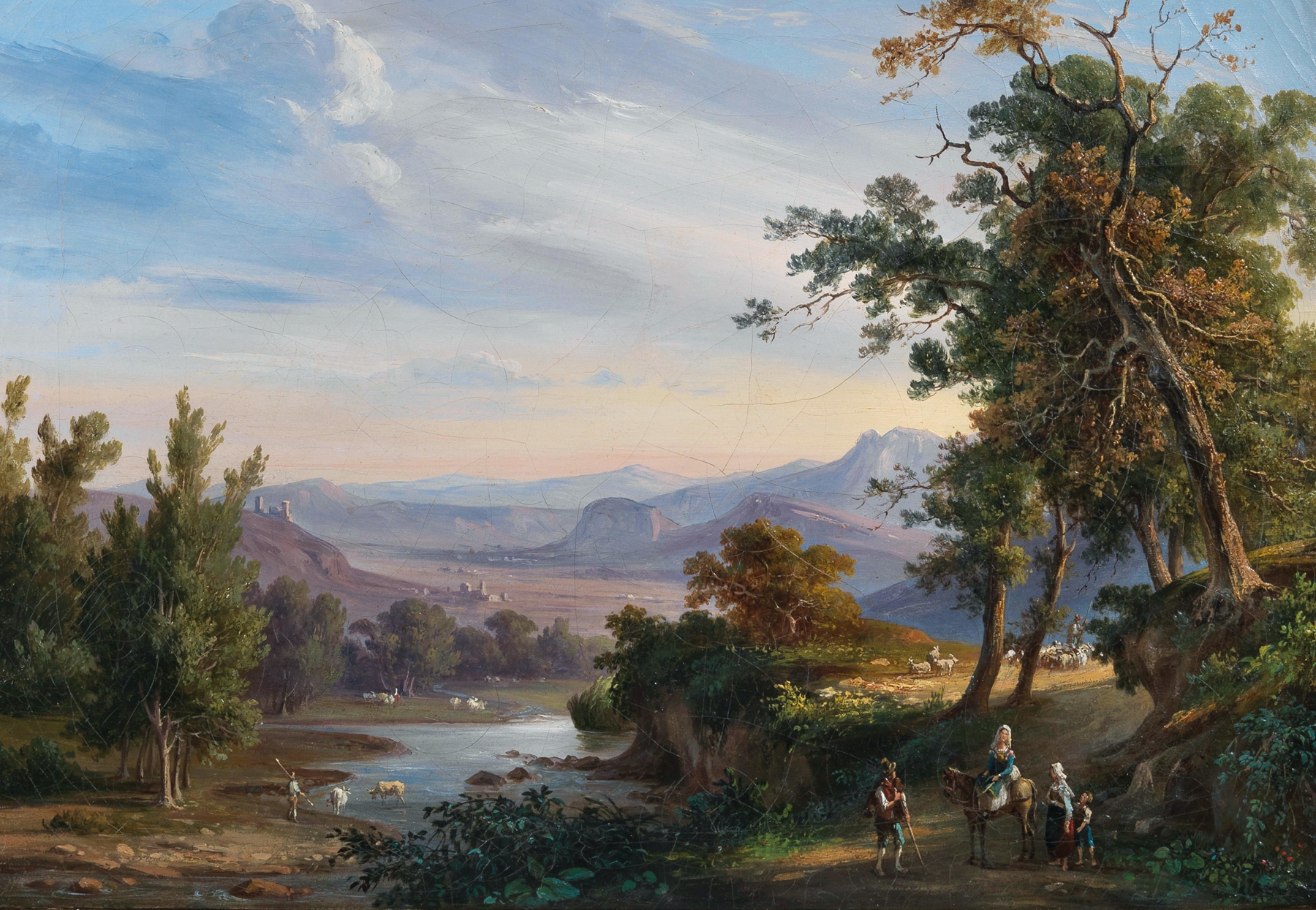 A View of Lago Fucino by Salvatore Fergola, oil on canvas depicting a tranquil lake with clouds.