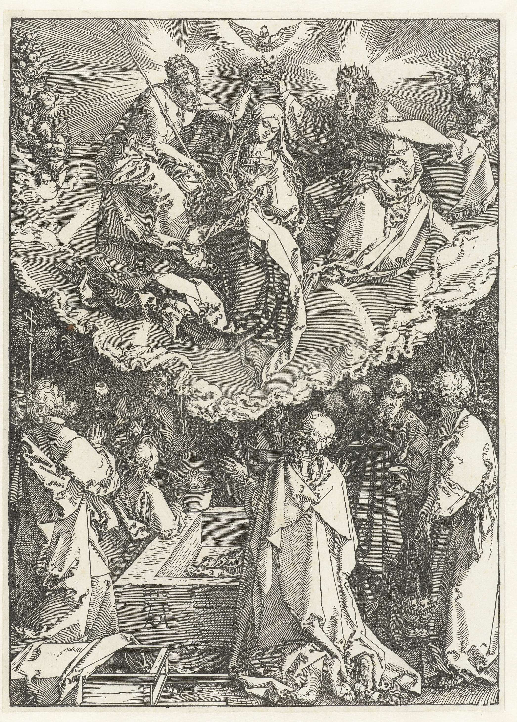 Etching by Albrecht Dürer depicting Mary crowned in radiant light.