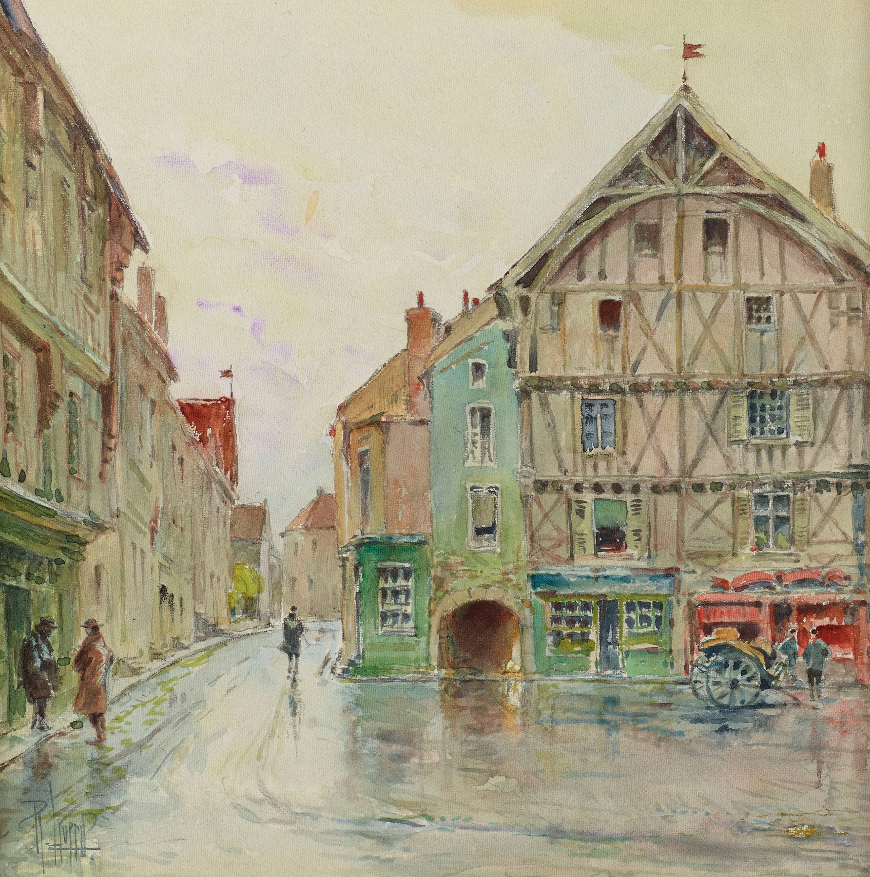 Landscape oil painting by Réné Leverd depicting Hôtel de Ville after rain with reflections in puddles.