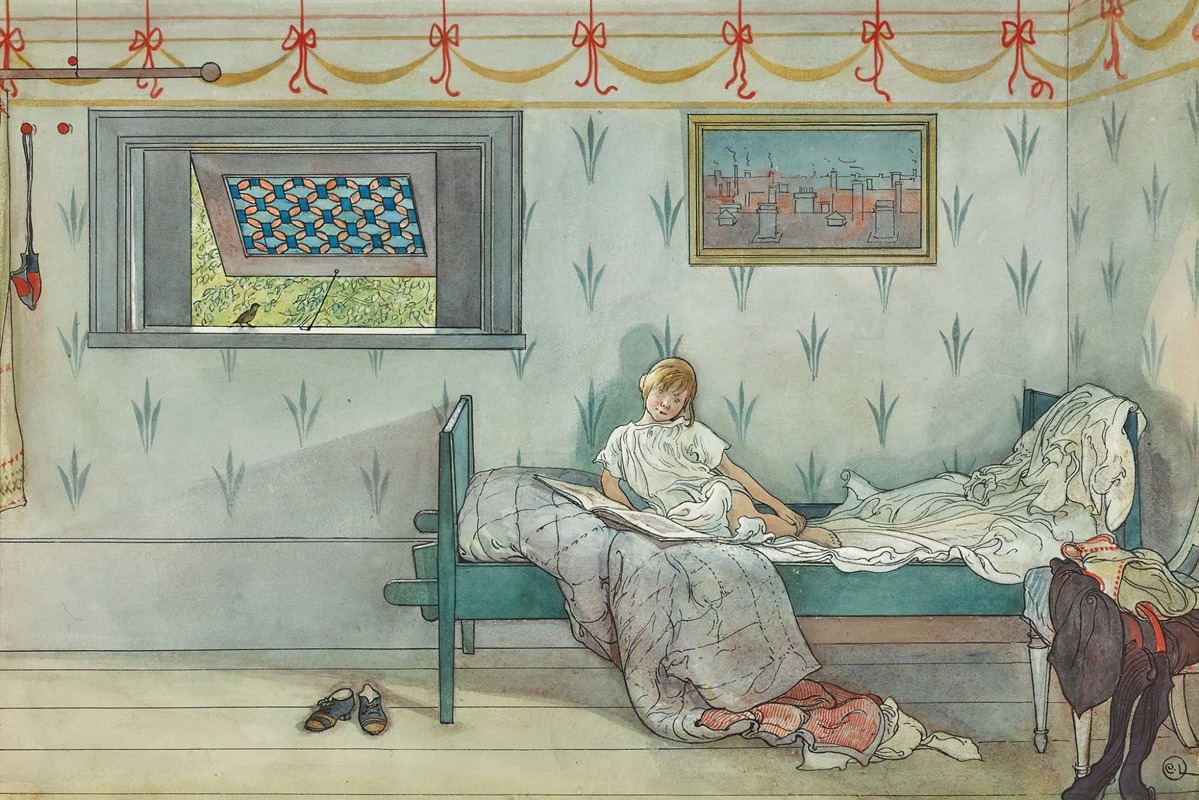 A cozy interior scene featuring a woman and a rooster.