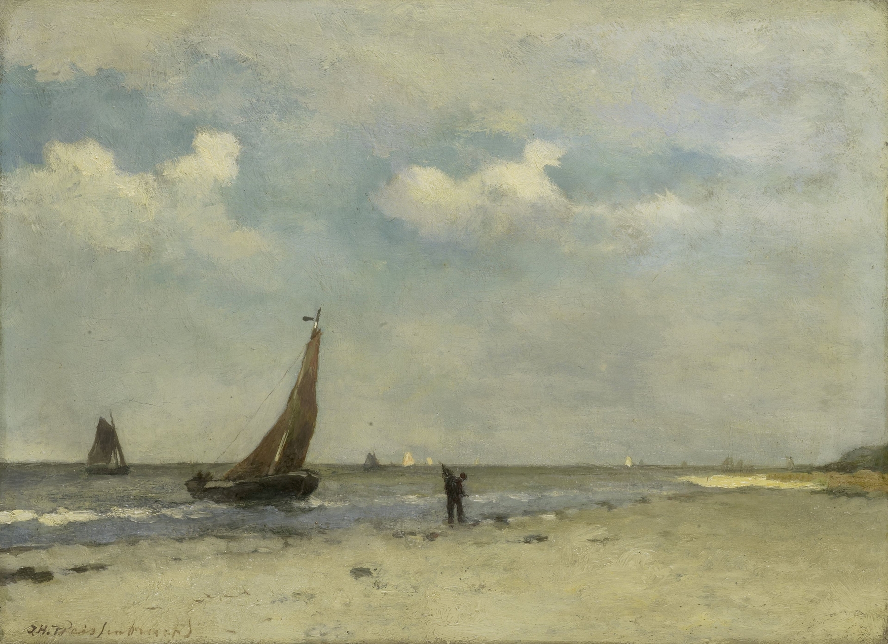 Marine scene with beach and waves by Johan Hendrik Weissenbruch, oil painting