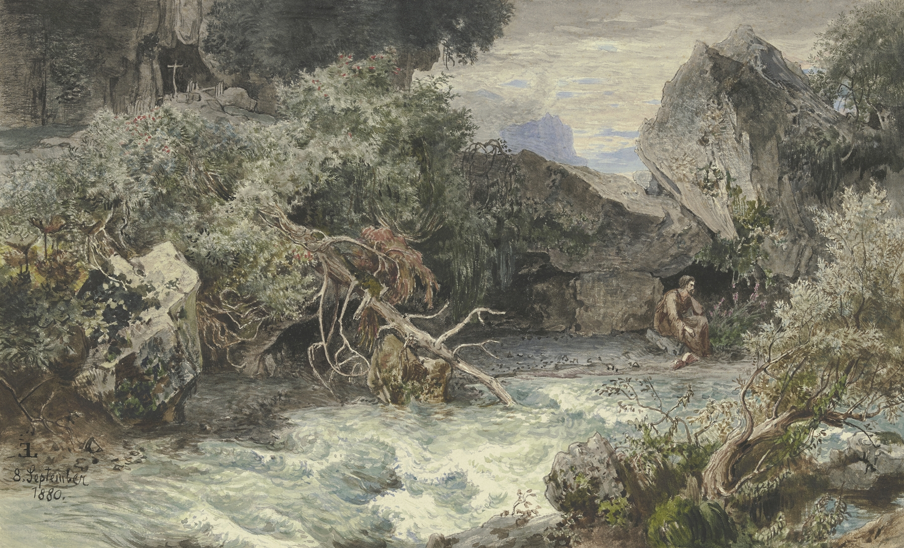 Wild stream with hermit, oil on canvas by Emil Lugo, depicting a turbulent stream and serene landscape.