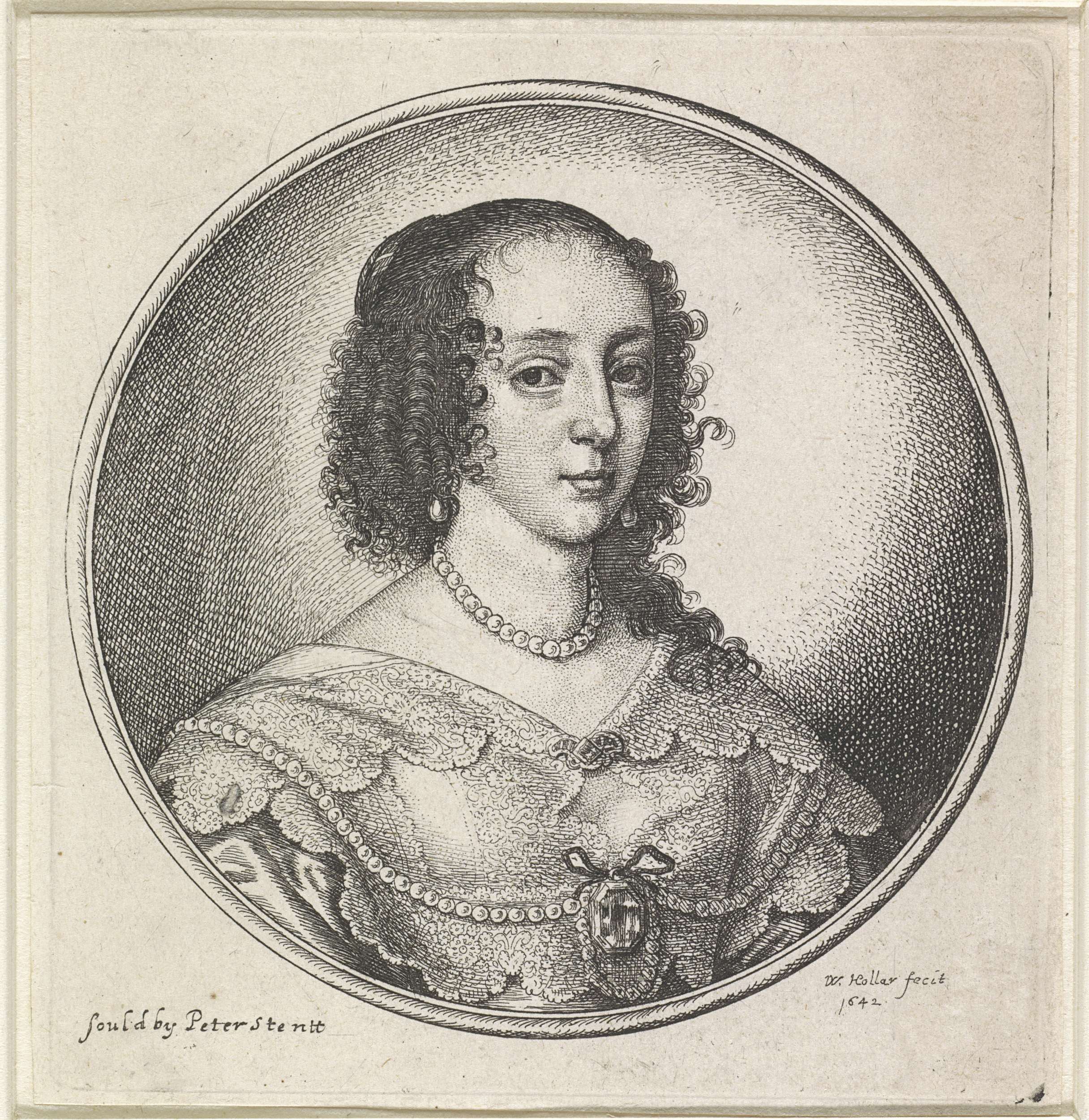 Portrait of a woman wearing a lace collar and pearl jewelry, etching by Wenceslaus Hollar