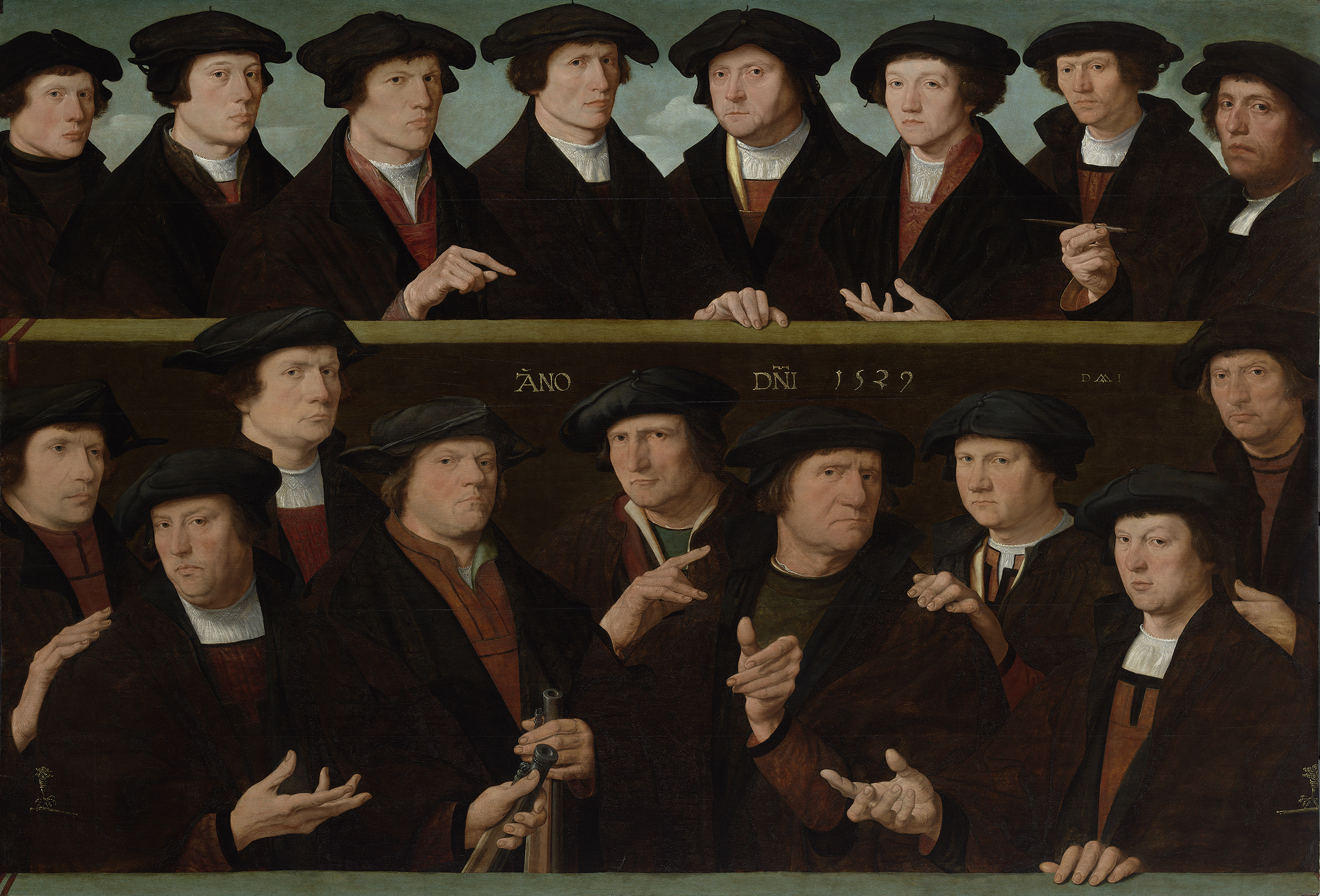 A groep of Guardsmen, oil on panel by Dirck Jacobsz, depicting a group of guardsmen in uniform.