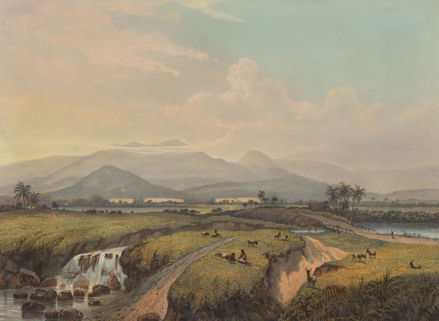 Gezicht op gebergte op Java Gezicht op het Kawische gebergte en op de tabaks onderneming, by Johan Conrad Greive, public domain