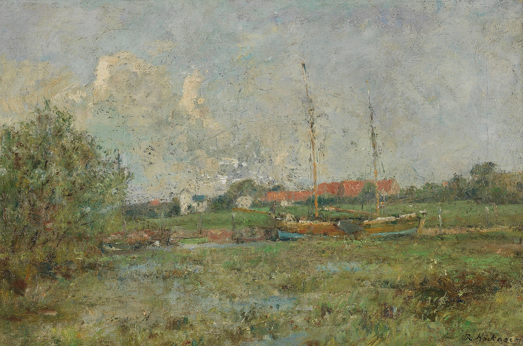 Landscape depicting serene waters at twilight by Rudolf Höckner, oil painting