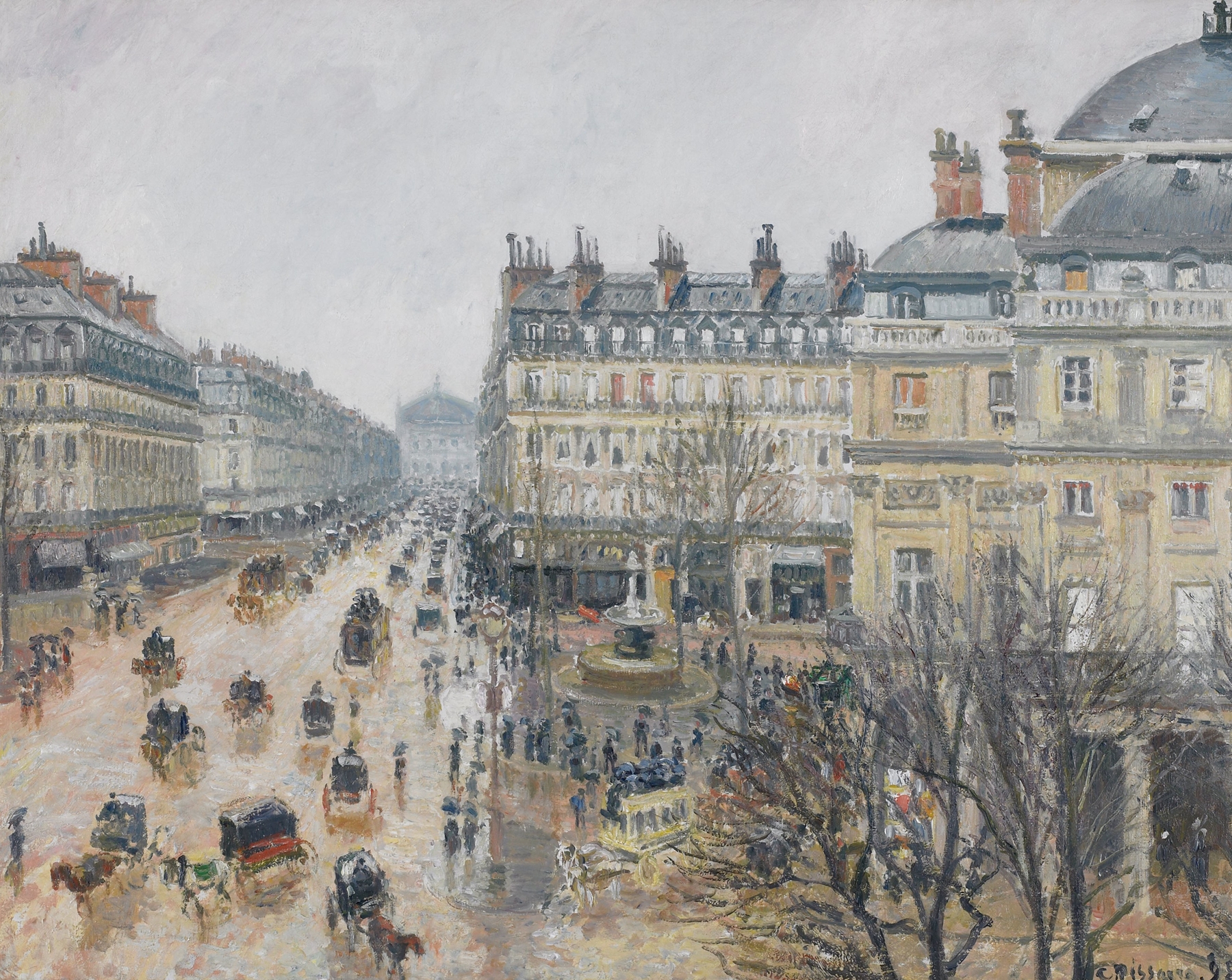 Place du Théâtre Français, Paris; Rain, by Camille Pissarro, public domain