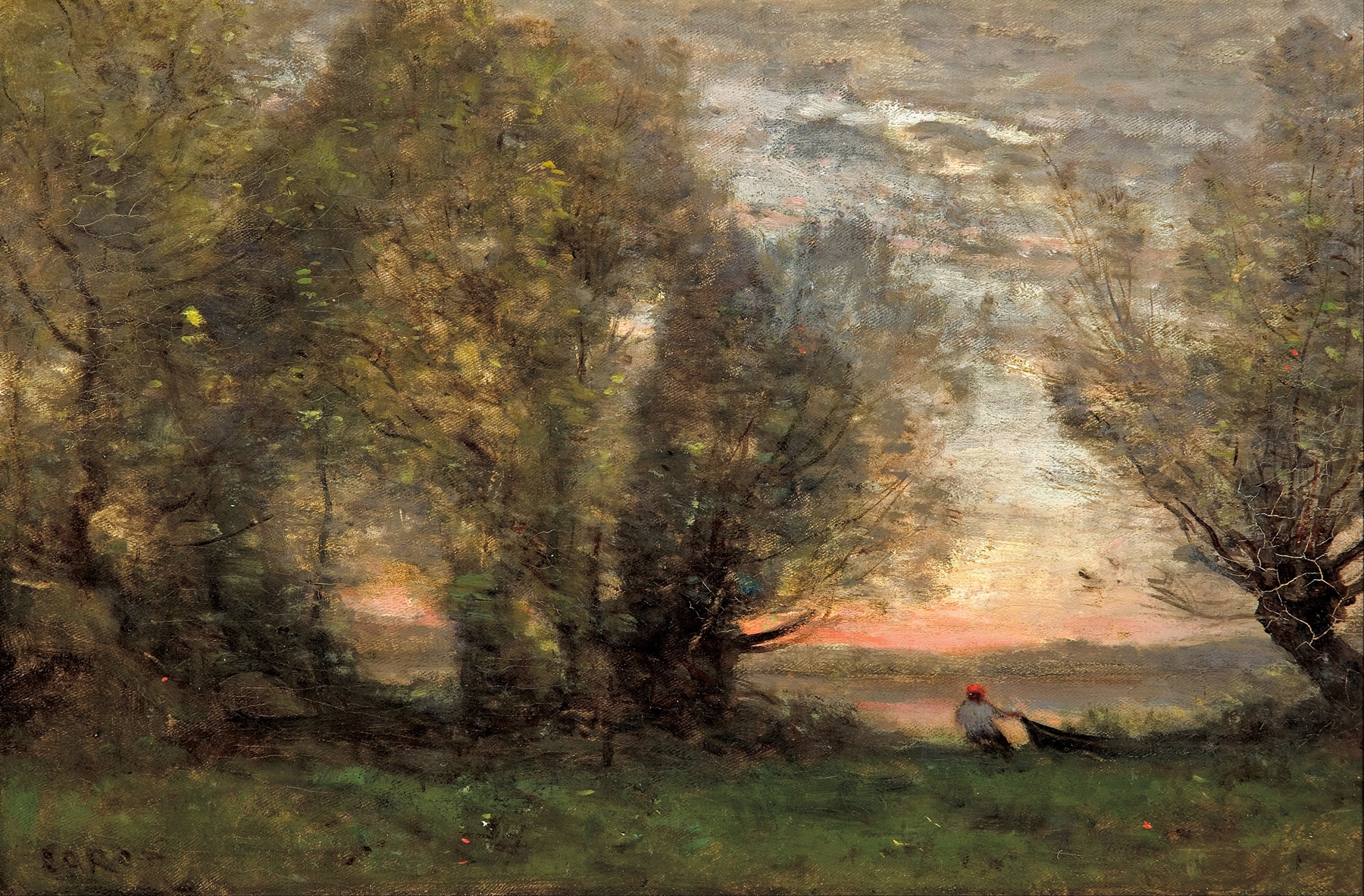 The fisherman- evening effect, by Jean-Baptiste-Camille Corot, public domain