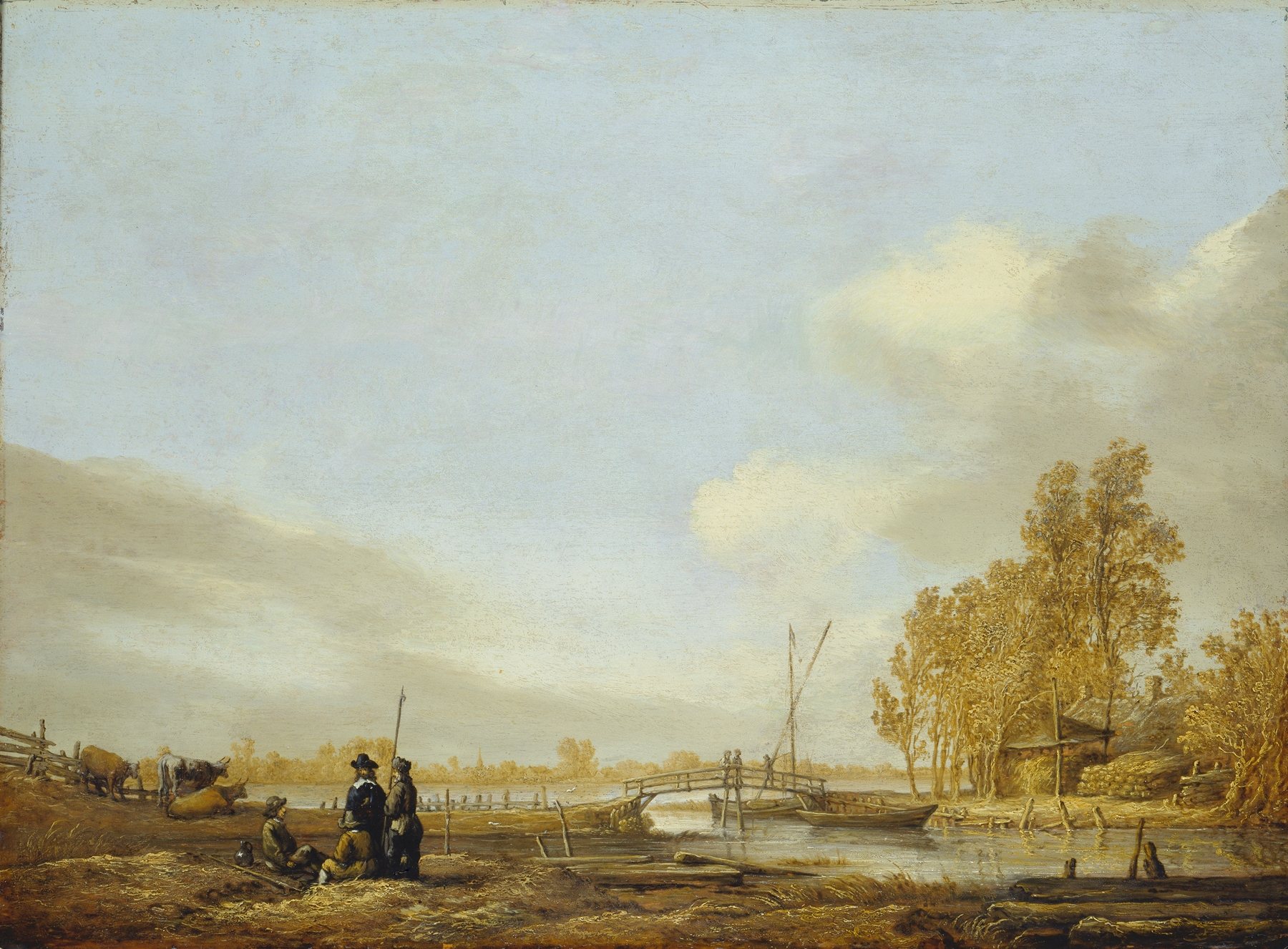 River Landscape with Footbridge, by Aelbert Cuyp, public domain