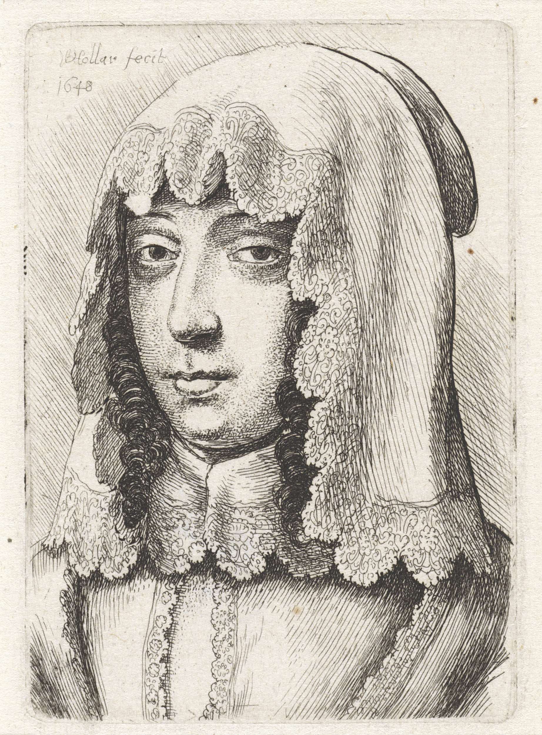 Portrait of a woman with a lace headscarf, etching by Wenceslaus Hollar