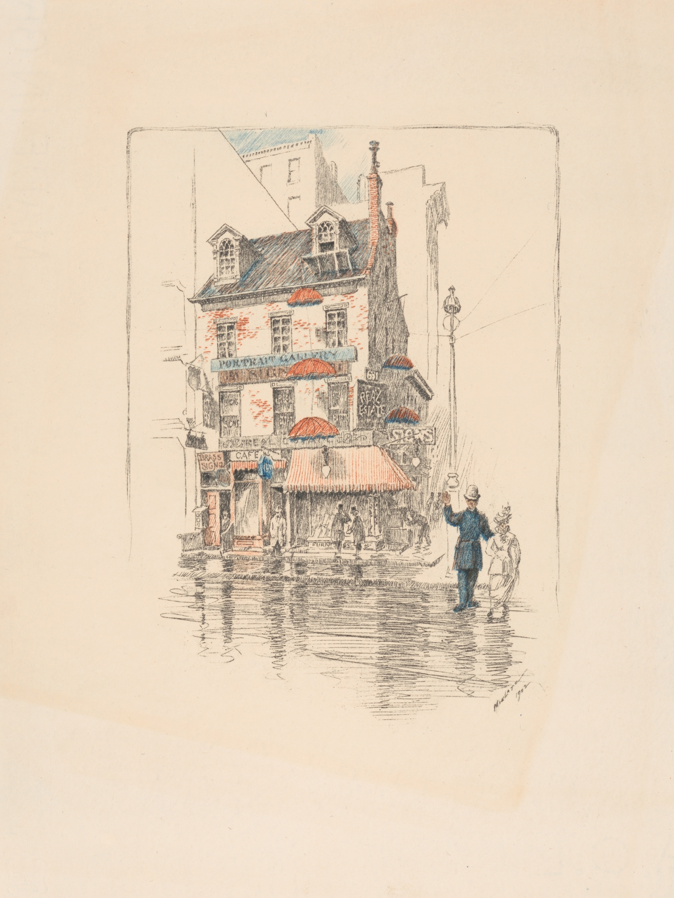 Etching by Charles Frederick William Mielatz depicting an old house with sunlight