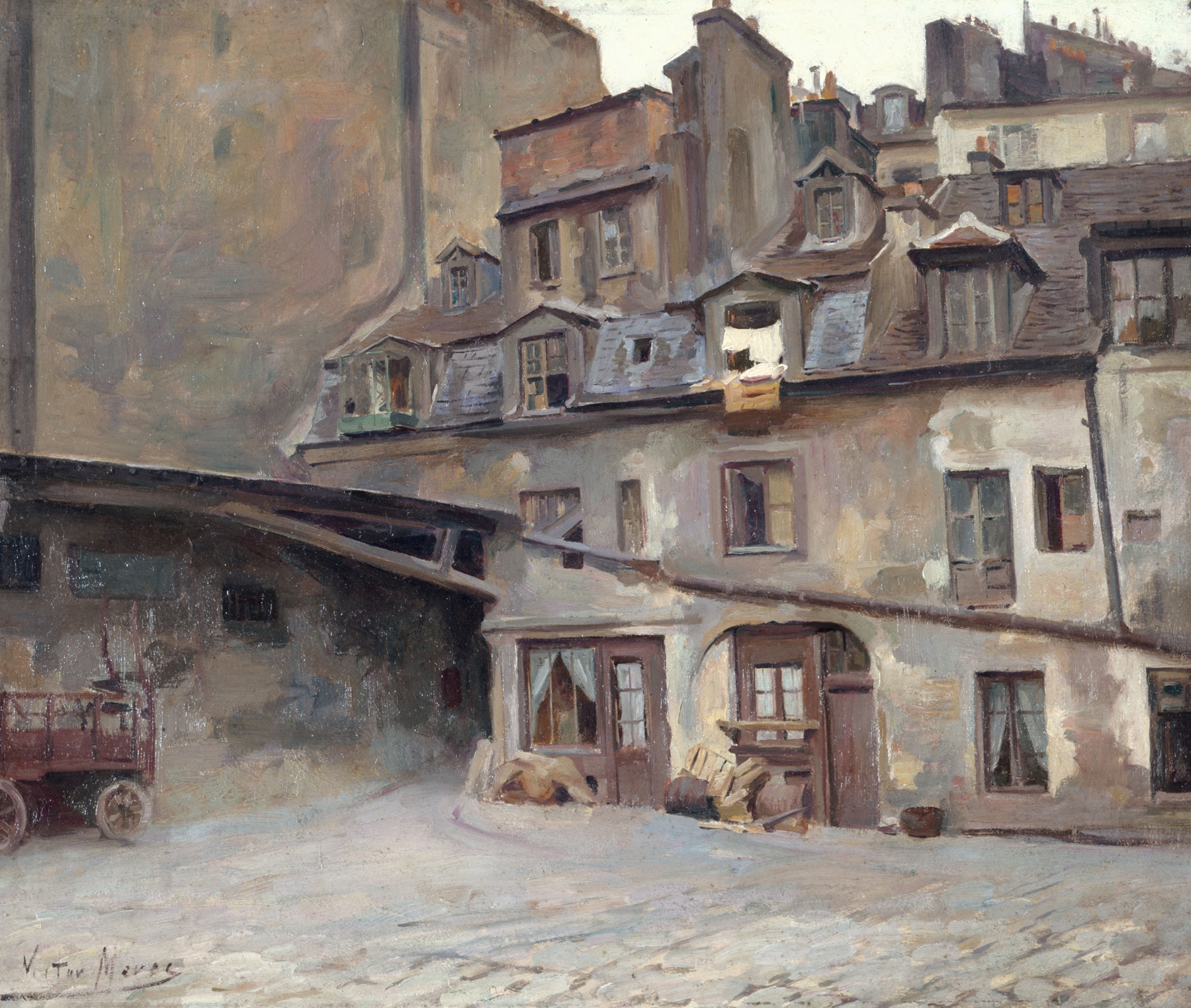 Oil painting by Victor Marec depicting a courtyard at dusk with warm and cool colors.