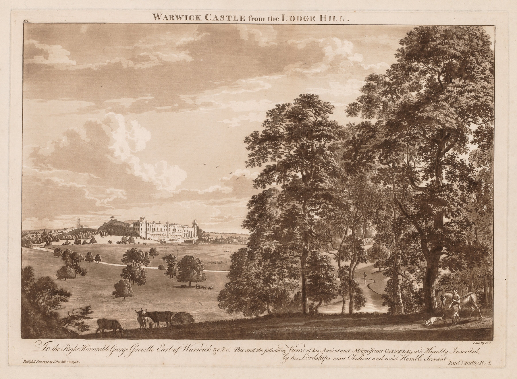 Warwick Castle from the Lodge Hill, by Paul Sandby, public domain