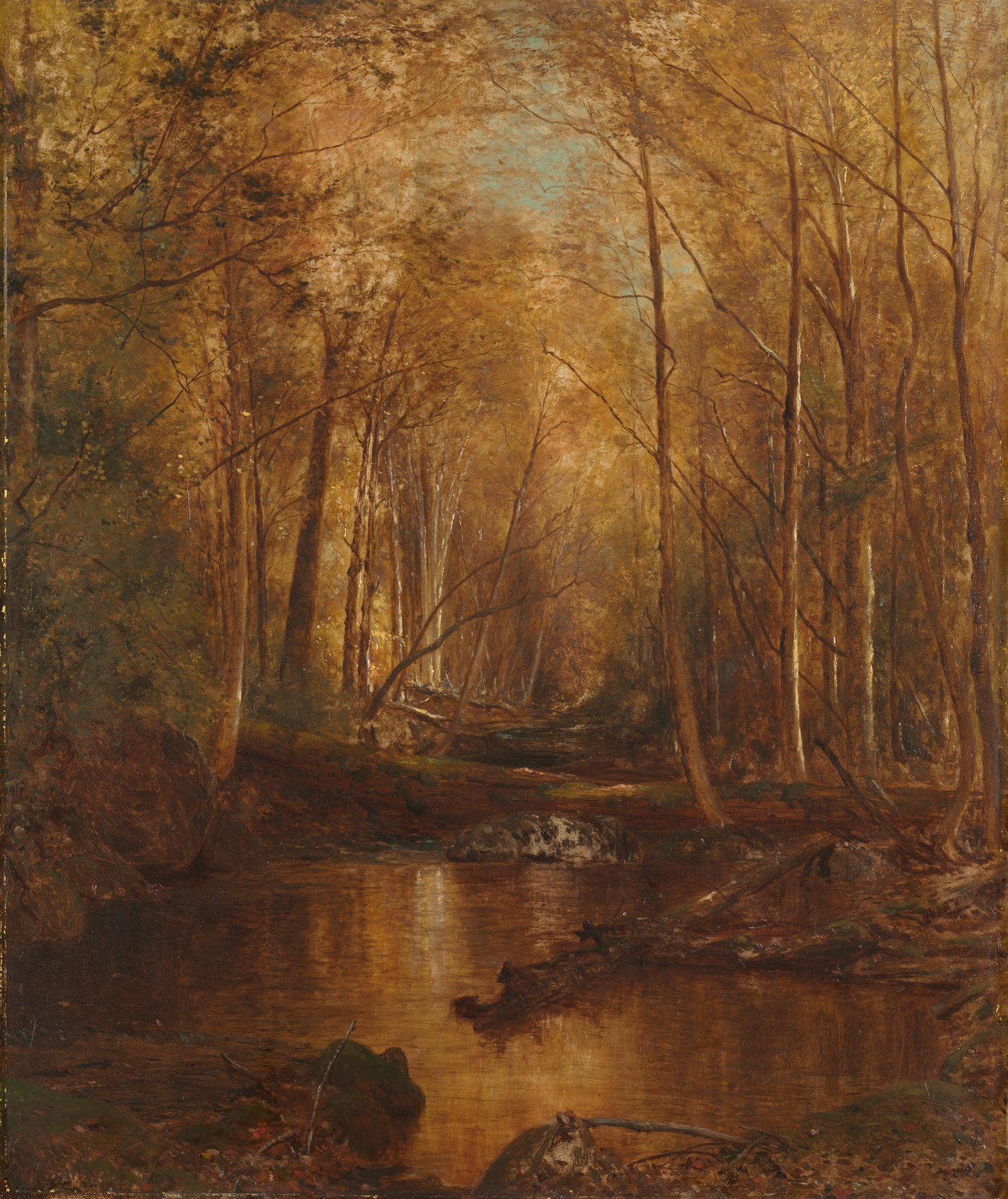 Autumn in the Catskills by Jervis McEntee, oil painting of a vibrant autumn landscape.
