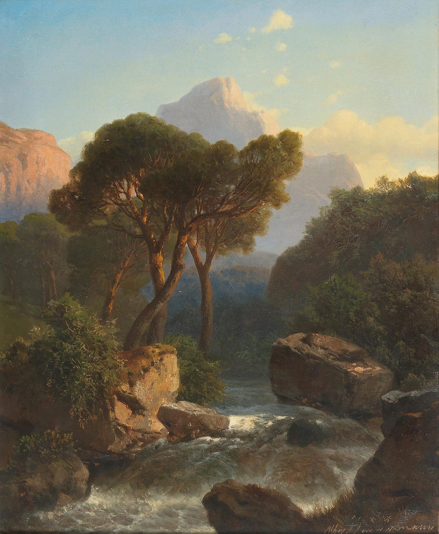 Southern Mountain Landscape by Albert Zimmermann, oil painting of rolling hills and a blue sky