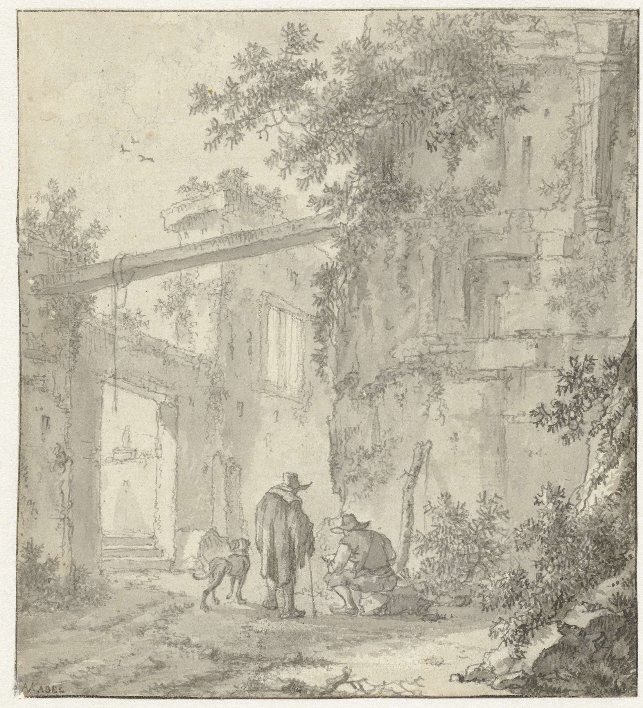 Oil painting by Adriaen van der Kabel depicting a draughtsman, companion, and dog near ancient ruins