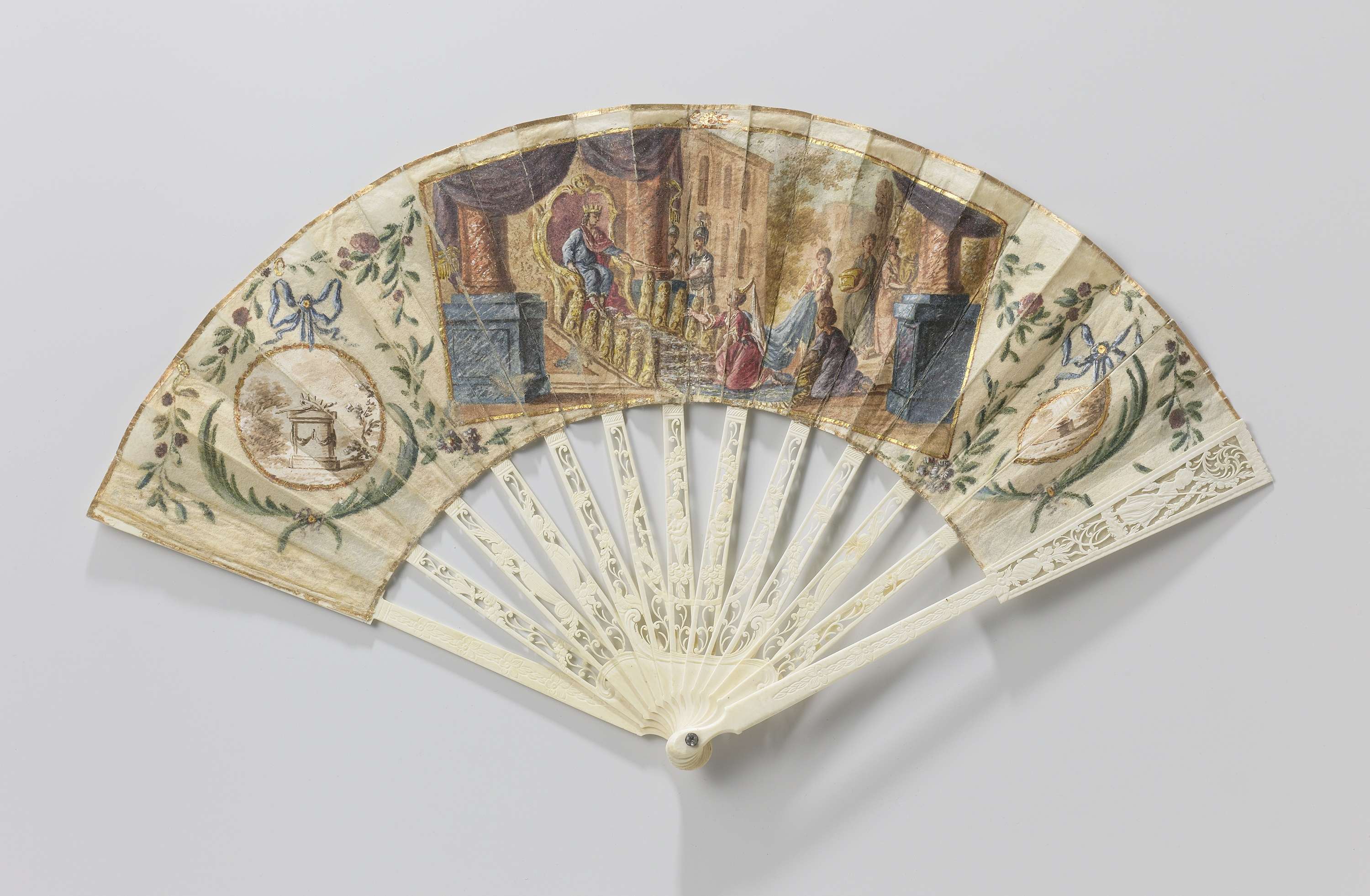 Ivory fan with tempera depicting King Solomon and the Queen of Sheba, unknown artist, 1784