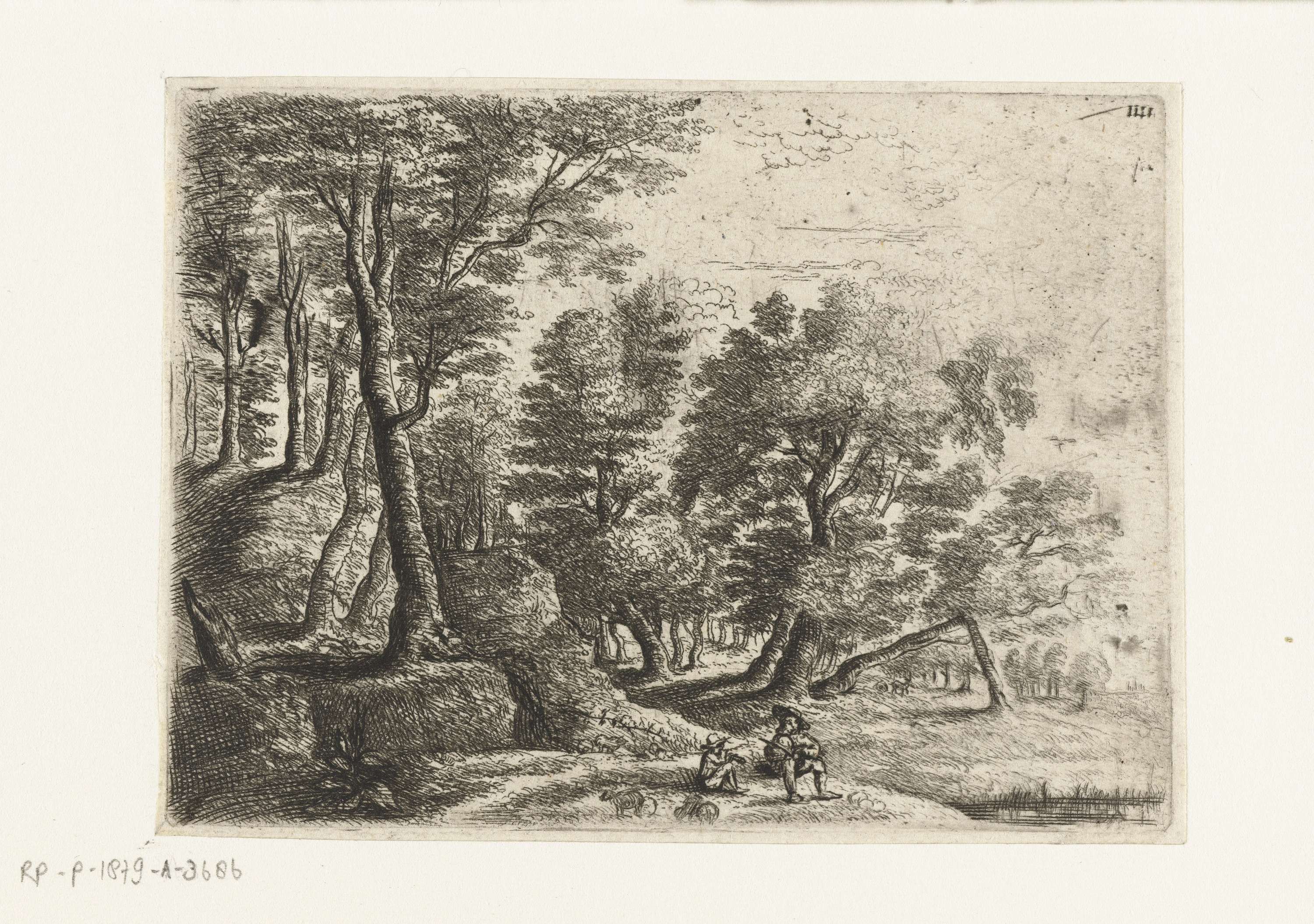 Landschap met zittende jongen en herder, etching by Philips Augustijn Immenraet