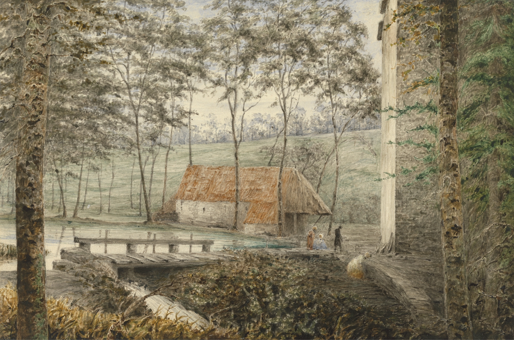 Impressionist landscape by Robert Streatfeild, depicting a mill in a wooded valley.