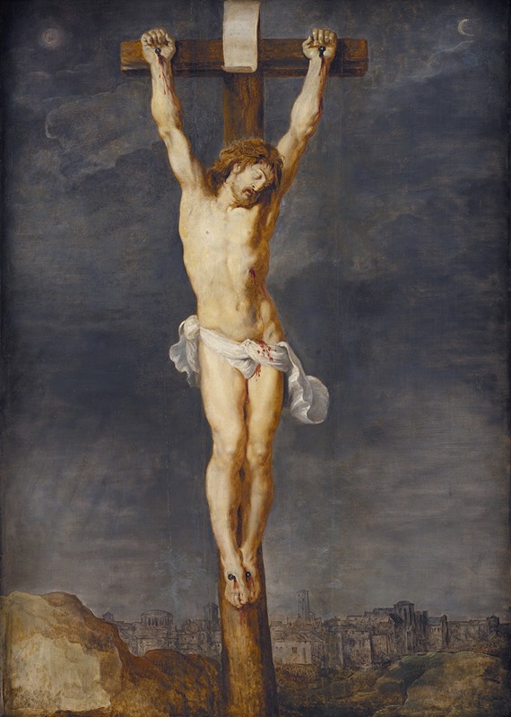A depiction of Christ crucified, surrounded by dramatic colors and expressive figures.