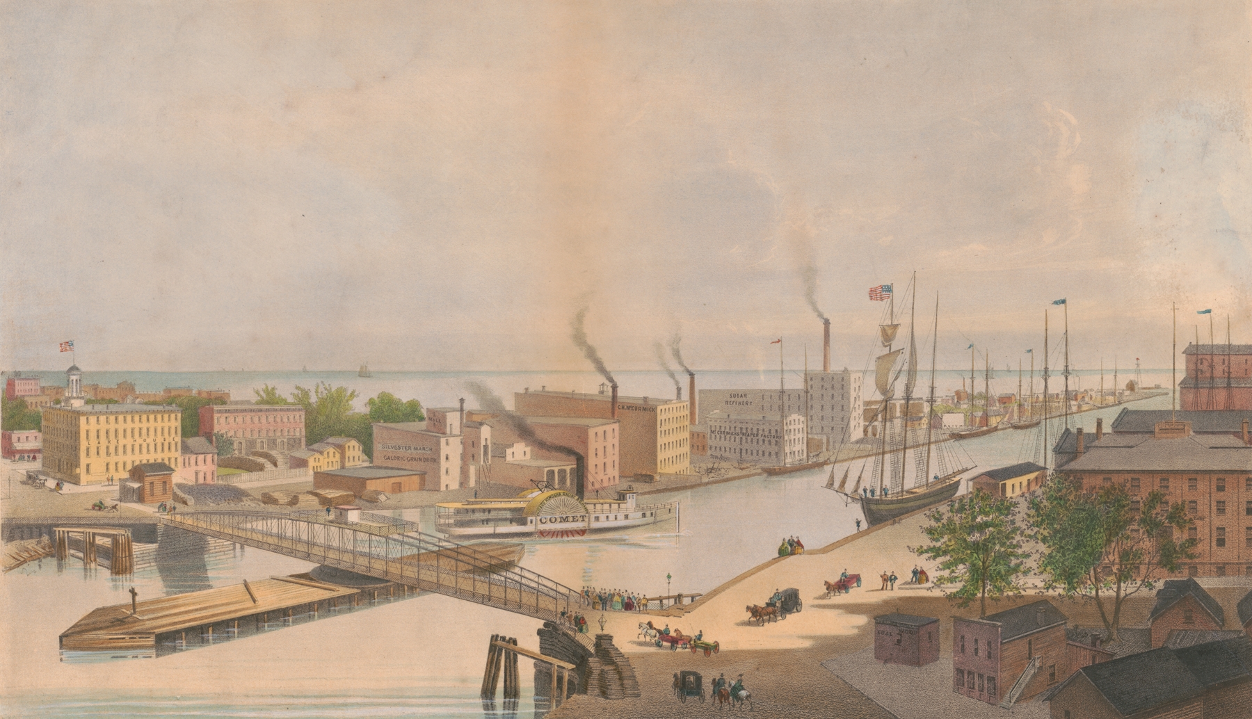 View of Rush St. bridge & c. from Nortons Block River St. E. Whitefield’s views of Chicago, by Edwin Forbes, public domain