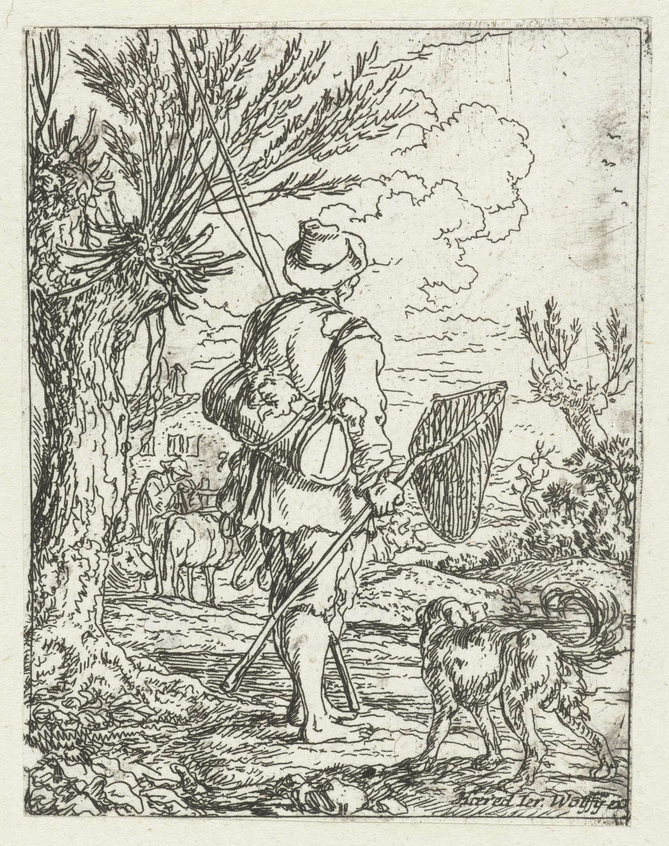 Etching by Jonas Umbach showing a fisherman with a dog in a sunlit landscape