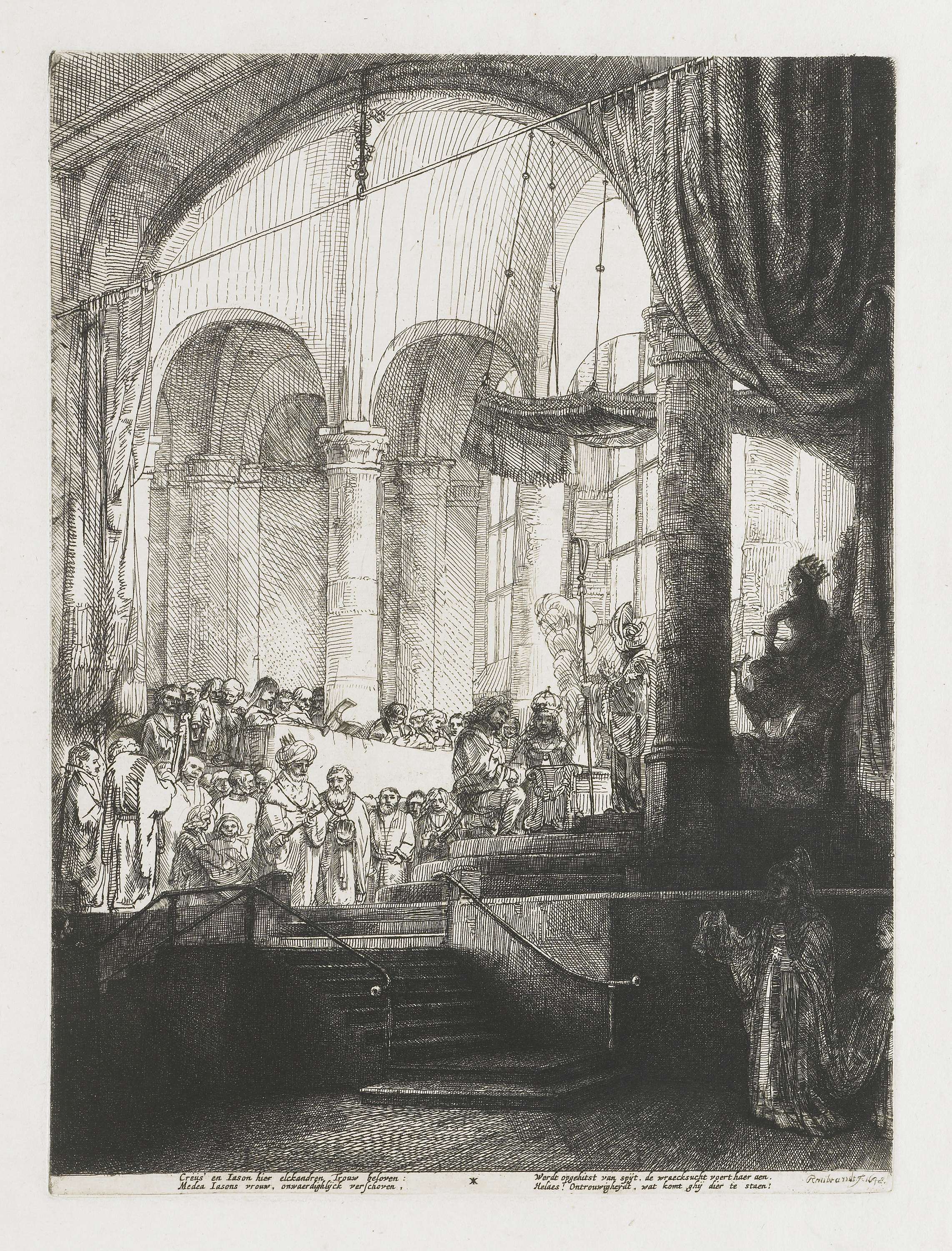Etching by Rembrandt van Rijn depicting Medea confronting Jason and Creusa